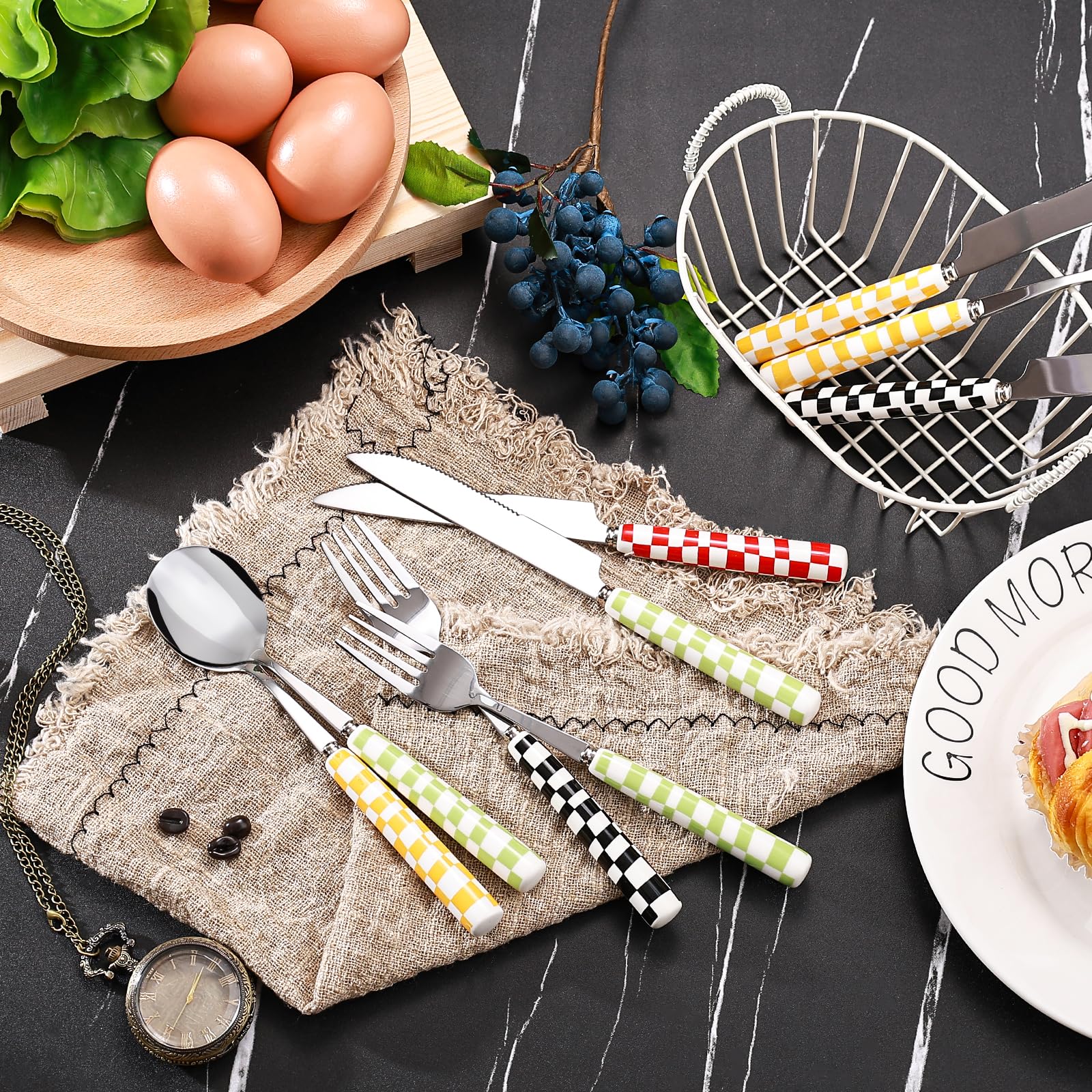 Koythin 3-Piece Black Check Stainless Steel Cutlery Set — Amazon image 3