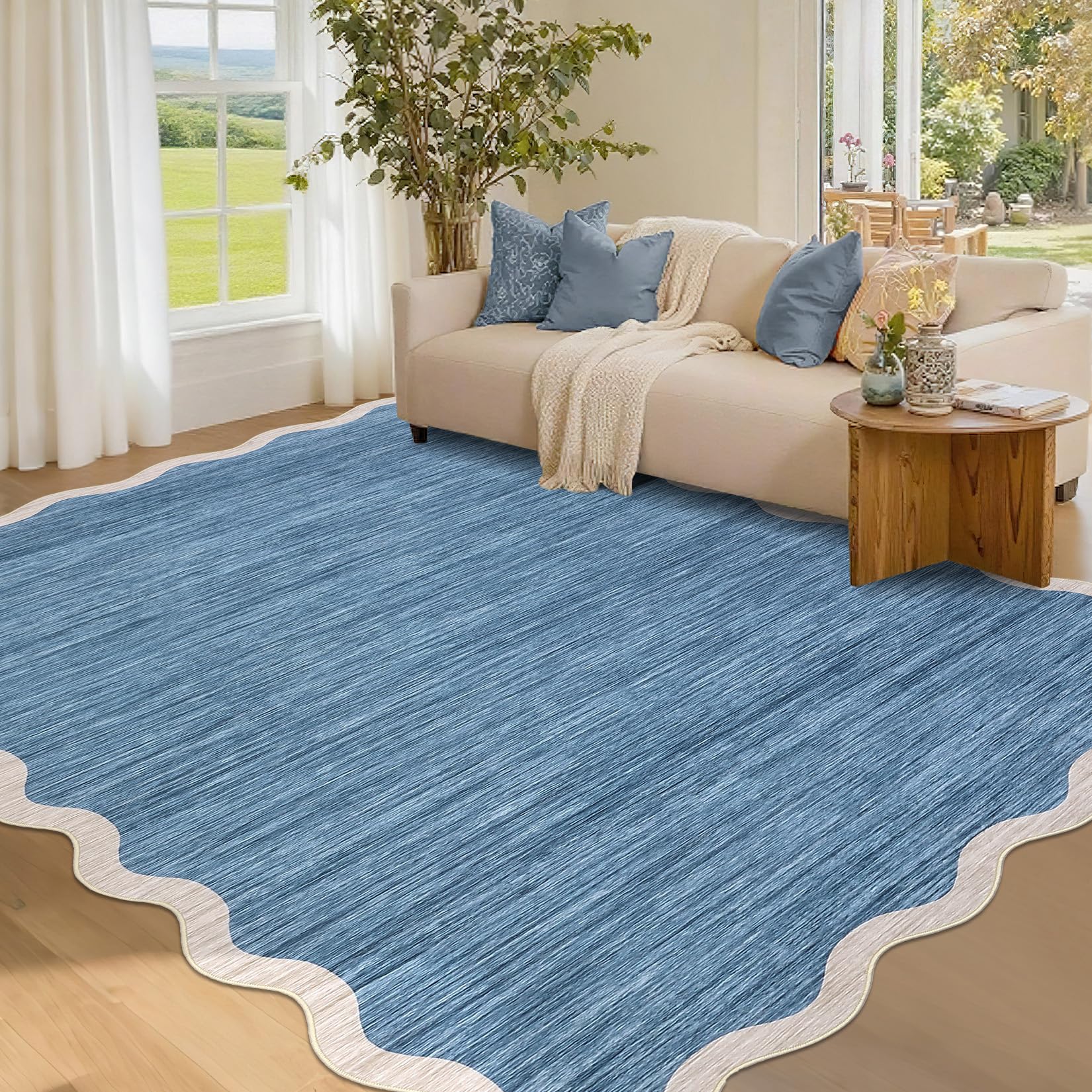 Washable Area Rug Small Living Room Rugs Modern Bordered Soft Dining Room Throw Carpet Low Pile Non Slip Scalloped Bedroom Rug Geometric Carpet for Nursery Kitchen Home Office,120x170cm Grey/Blue