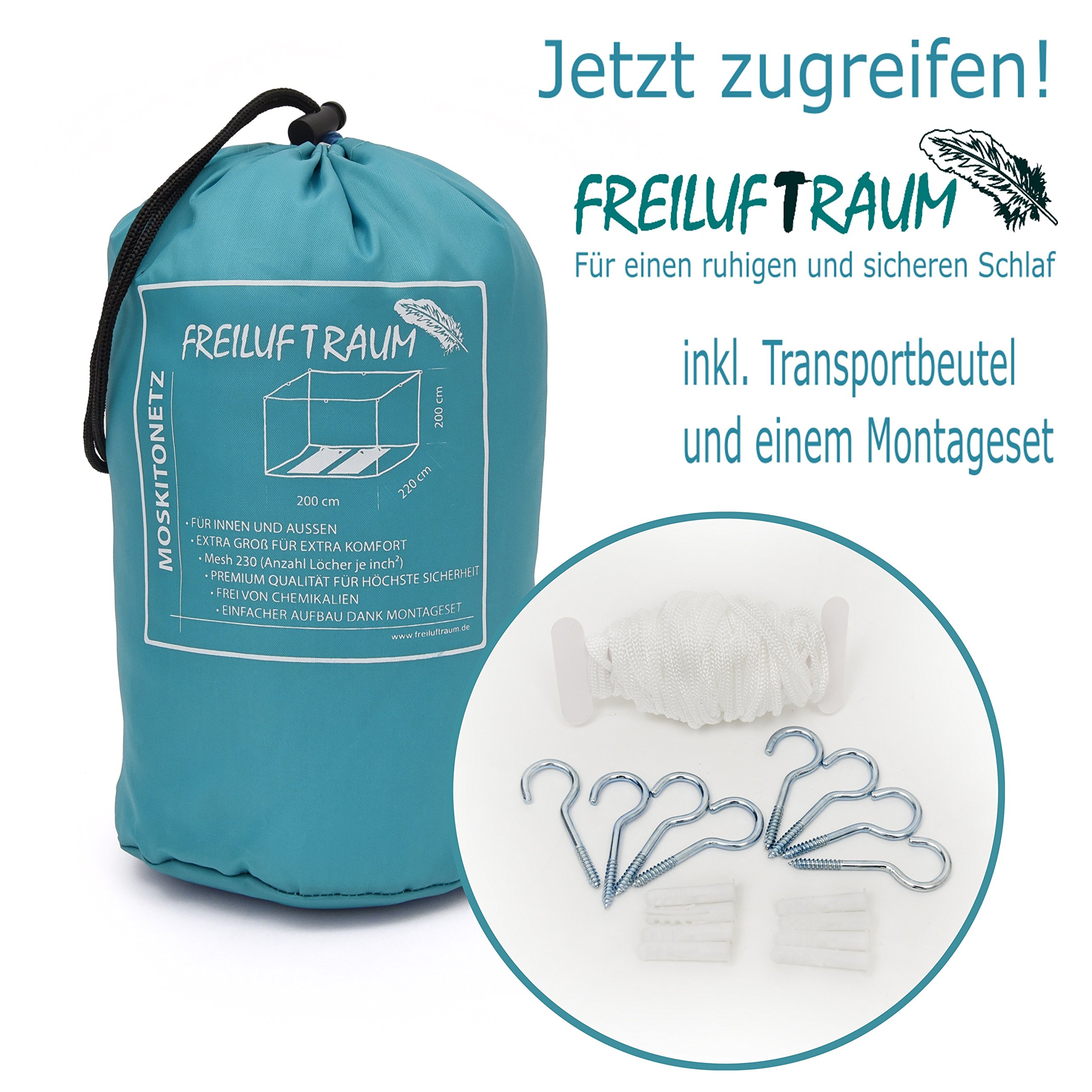 Grande Zanzariera per Letto Matrimoniale 200x220x200cm - Protezione dalle Zanzare per Camera da Letto, Giardino e Viaggi - Borsa per il Trasporto e Set di Montaggio inclusi.