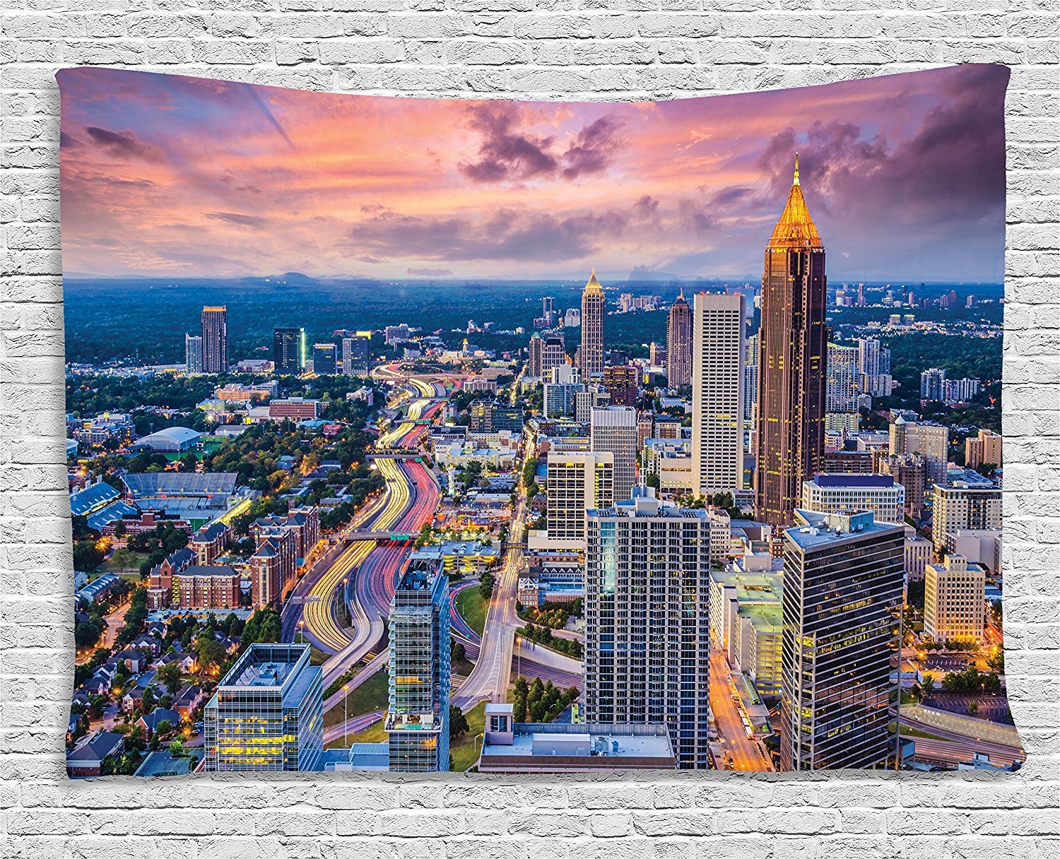 Ambesonne Modern Tapestry, Atlanta City Skyline at Sunset with Syk Georgia Town American View, Wide Wall Hanging for Bedroom Living Room Dorm, 80" X