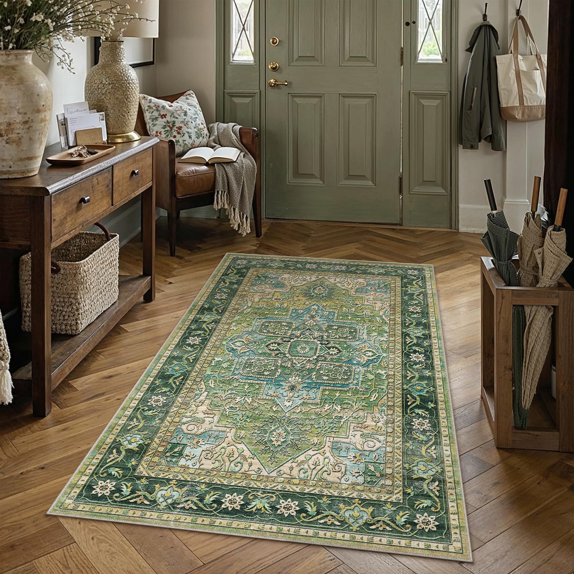 PureCozy Vintage Green Rugs Living Room Area Rug 120x170cm Washable Non Slip Carpet Bedroom Bedside Office Kitchen Dining Room Indoor Low Pile Soft Large Retro Carpets โ image 1
