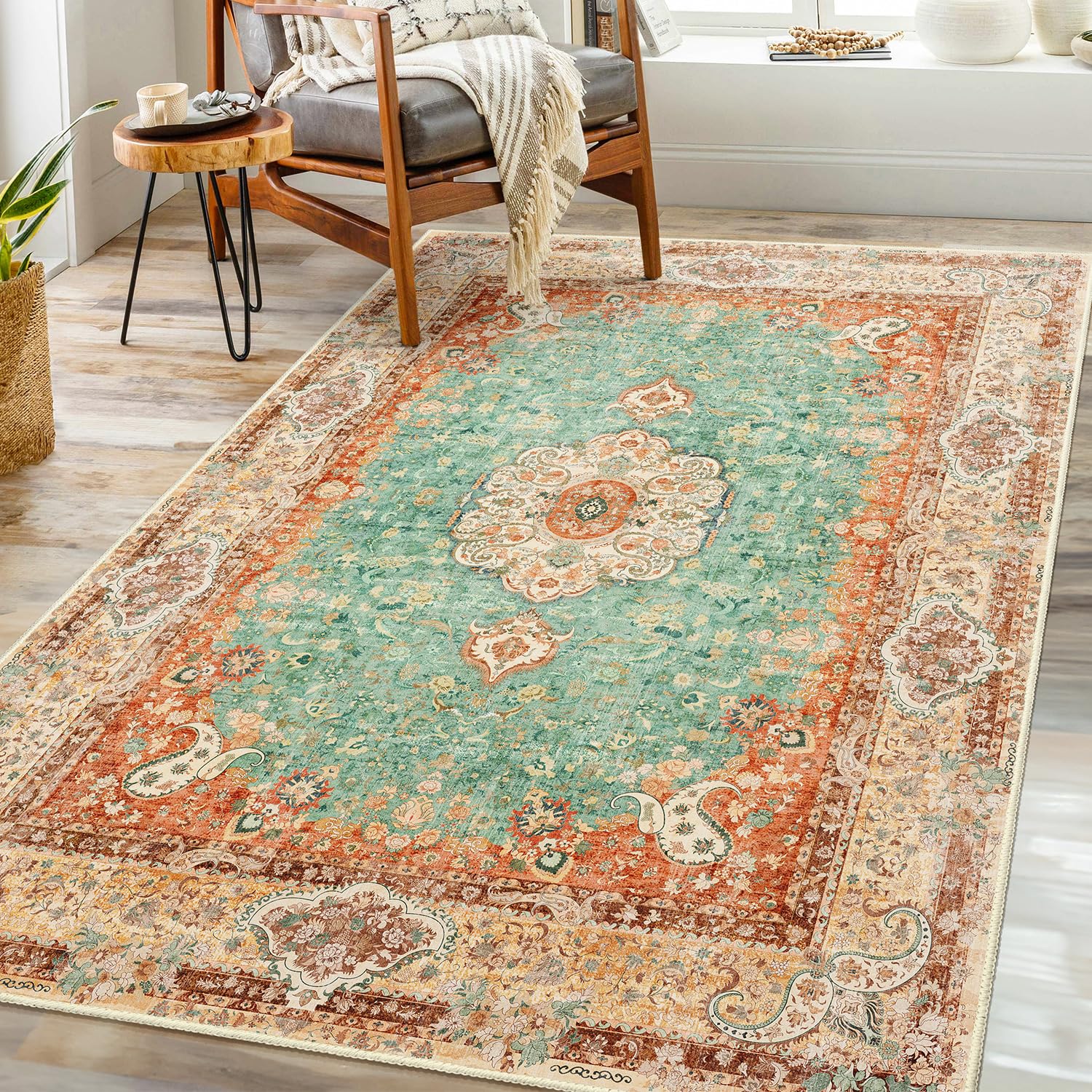 Castage Boho Rug 3x5,Washable Area Rugs for Bedroom Living Room Kitchen Entryway,Small Boho Vintage Bohemian Distressed Farmhouse Non Slip Carpet,