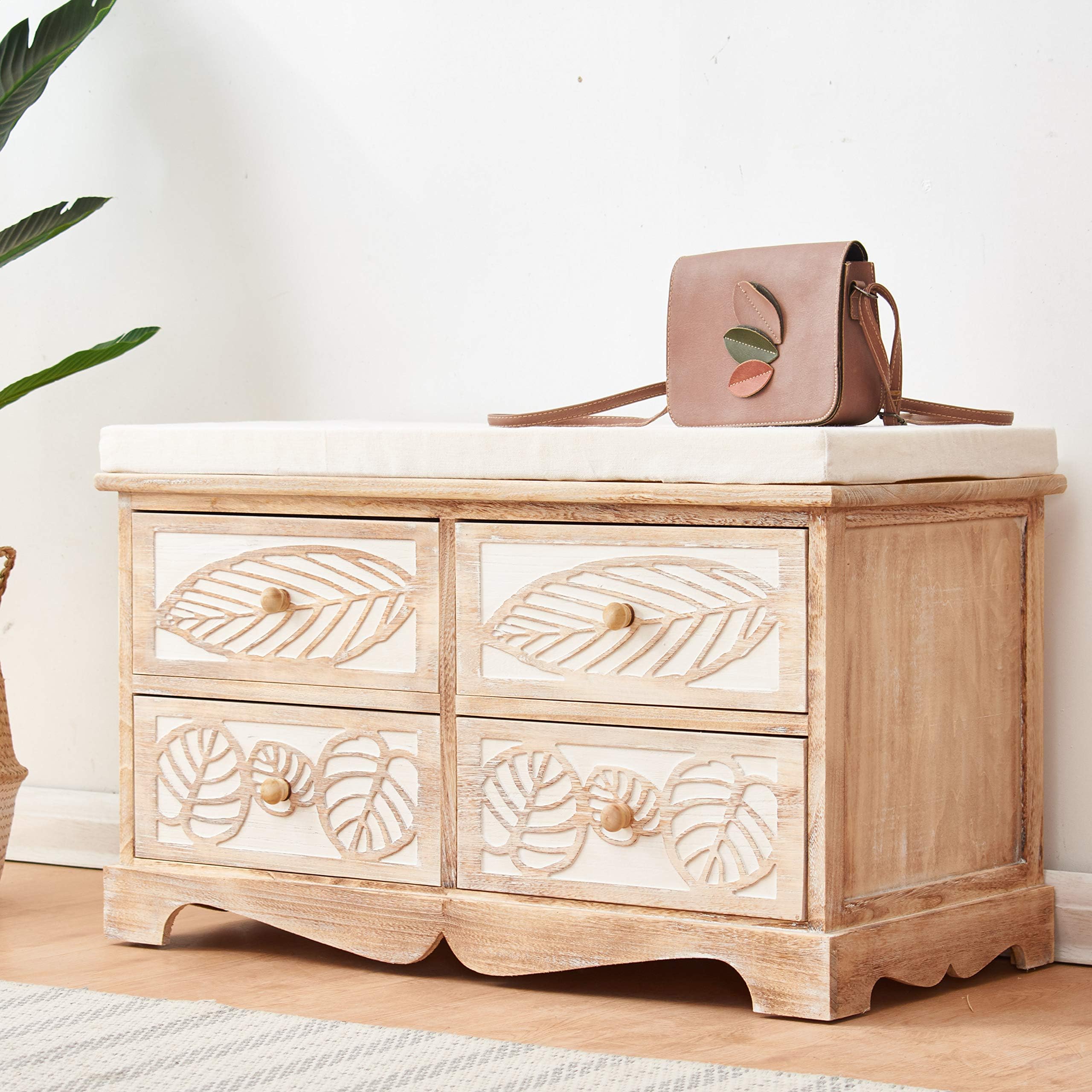Cherry Tree Furniture Country Vintage Style Wooden Sculpted 4-Drawer Cushioned Shoe Bench Storage Bench