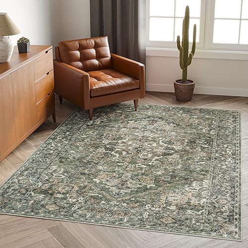 Miniatura 3 de Valenrug Alfombra lavable de 4 x 6 pies, colección verde, alfombra antideslizante y resistente a las manchas, para sala de estar, dormitorio antiguo