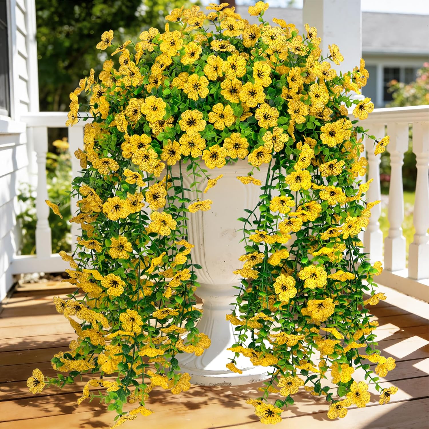 4 Pcs Artificial Hanging Flowers for Outdoor, Fake Silk Daisy Flowers Spring Summer Decoration UV Resistant Faux Plants for Planter Front Door Porch Patio Balcony Yard Decor, Yellow