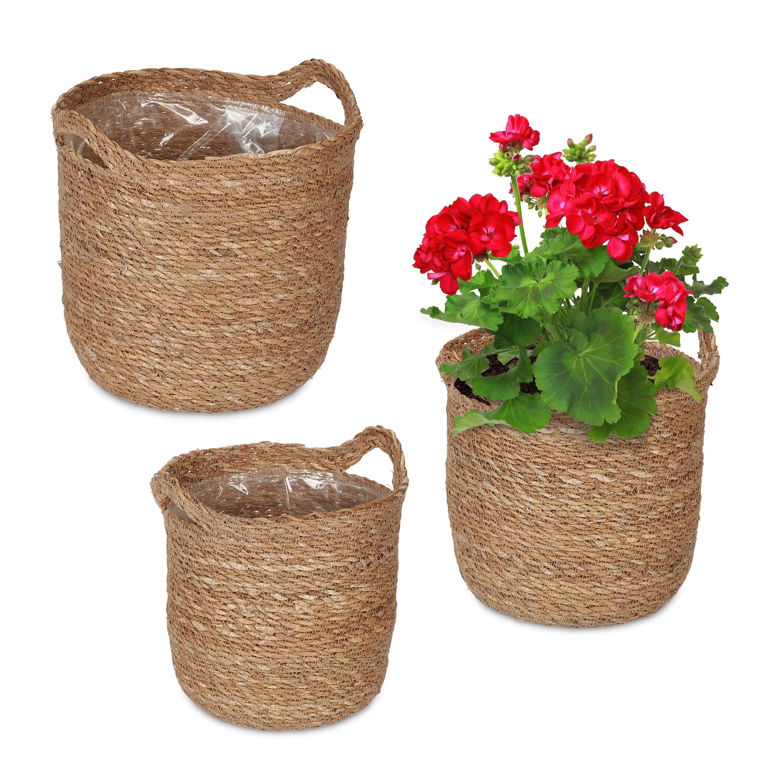 Relaxdays Pot de Fleur, Lot de 3, avec poignées, Pot de Plante, pour Plantes, Fleurs & Herbes, zostère, Nature