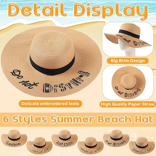 Miniatura 6 de Sureio 6 piezas de sombrero de playa para mujer, floppy bordado, plegable, sombrero de sol de ala grande, paja ajustable para viajes de vacaciones