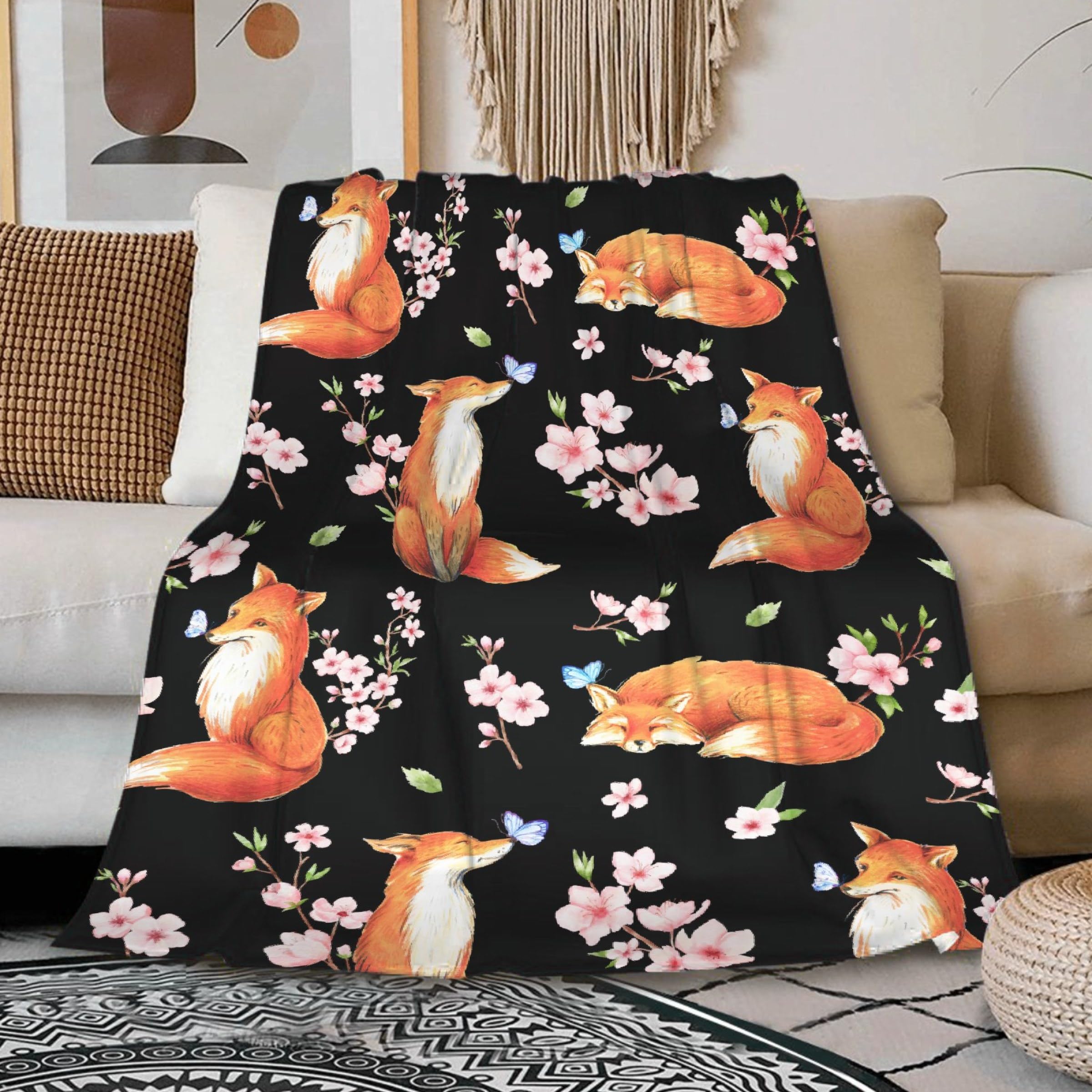 Fox Blanket Cherry Blossom Blanket Cozy Soft Lightweight Flannel Throw Fox Cherry Blossom Decor Gifts for Girls 40