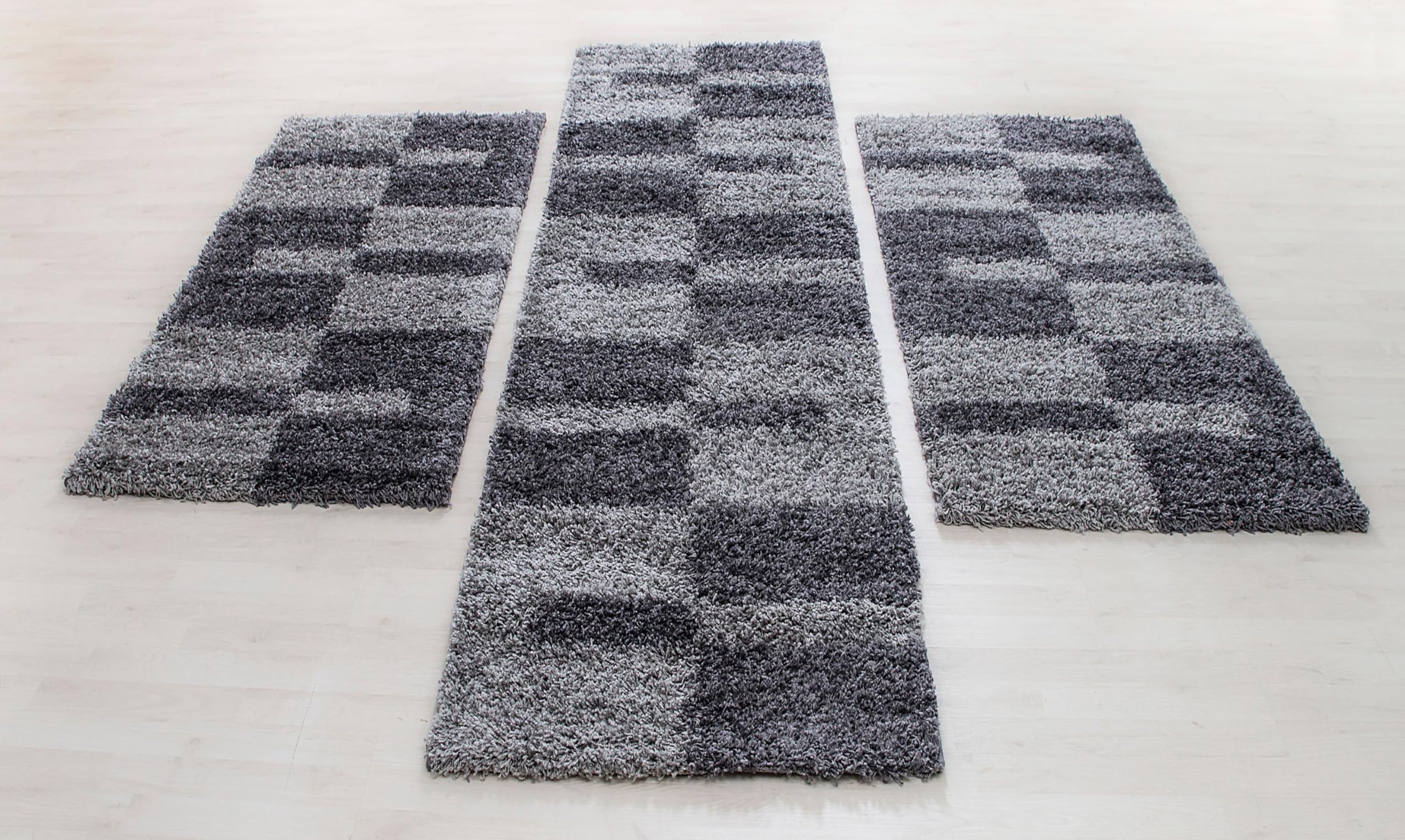 Carpettex Bettumrandung Schlafzimmer 3teilig Shaggy Teppich Hochflor Kariert Design Grau Bettset:2 mal 60x110 + 1 mal 80x250 - Bettvorleger Schlafzimmer Läufer Set Flauschiger Bettumrandung Teppich