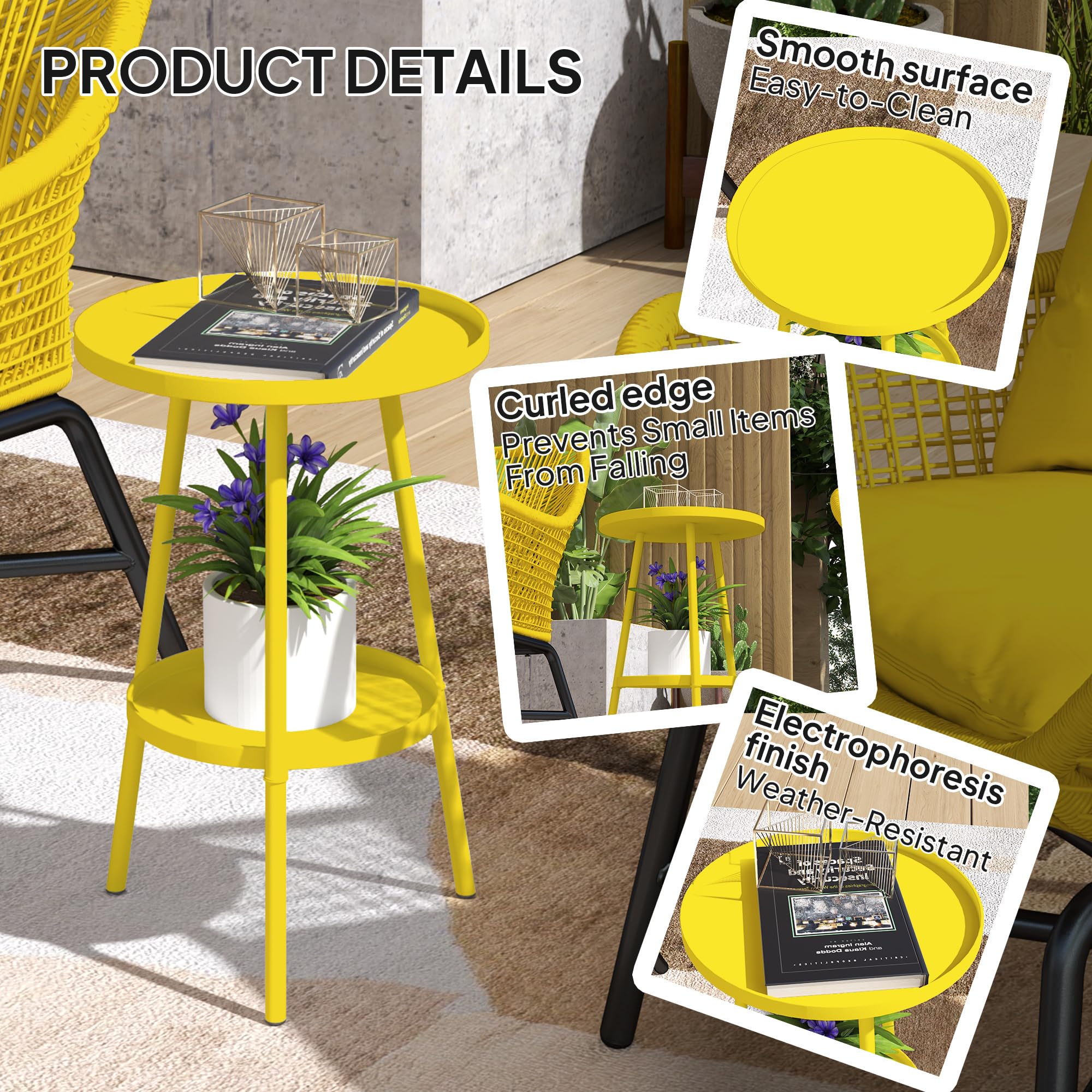 Outsunny Tavolino da giardino rotondo 2 livelli in metallo Giallo