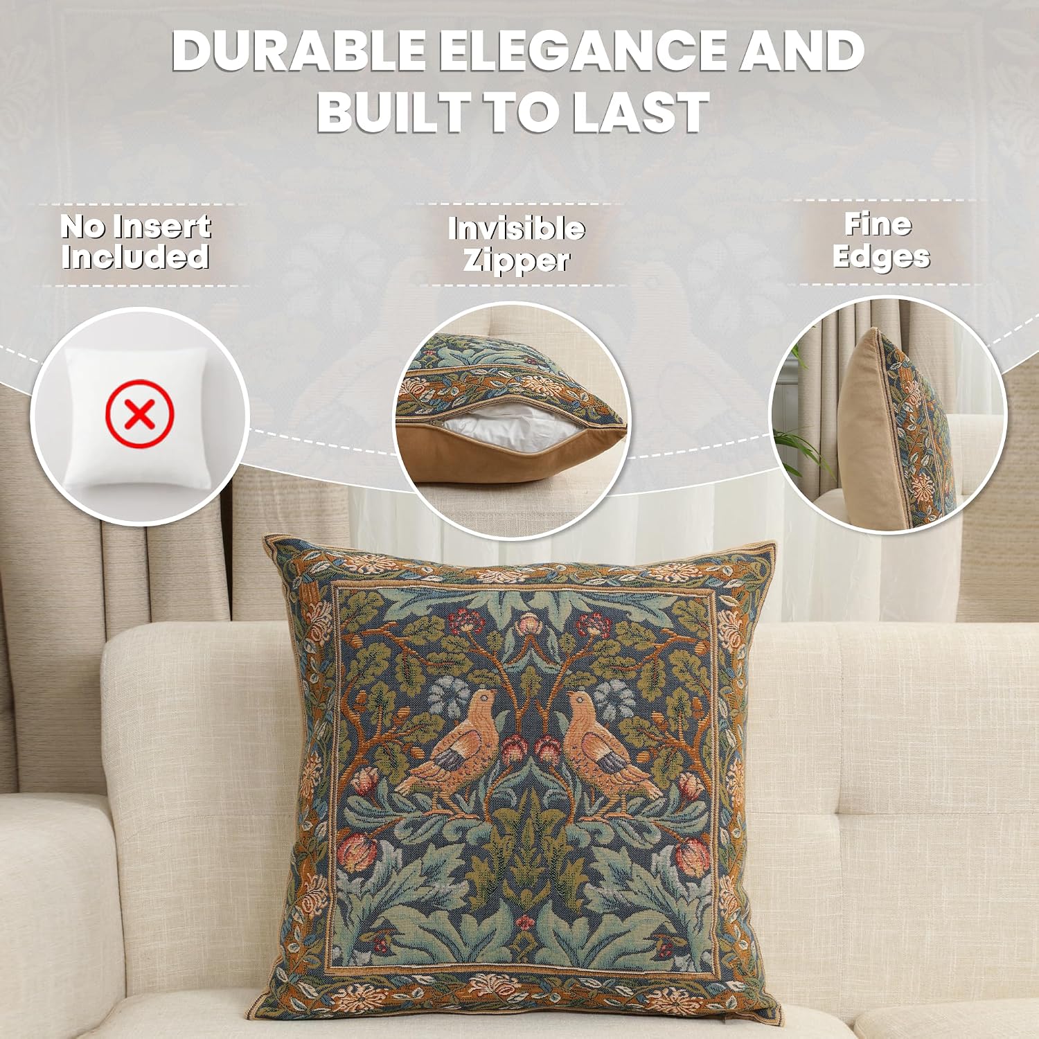 Charlotte Home Furnishings Throw Pillow Cover for Couch 19X19 in, Brother Bird Decorative Pillow Cover for Bed, Large Tapestry Square Cushion Cases Cozy Decor, Soft European Cotton Jacquard Woven