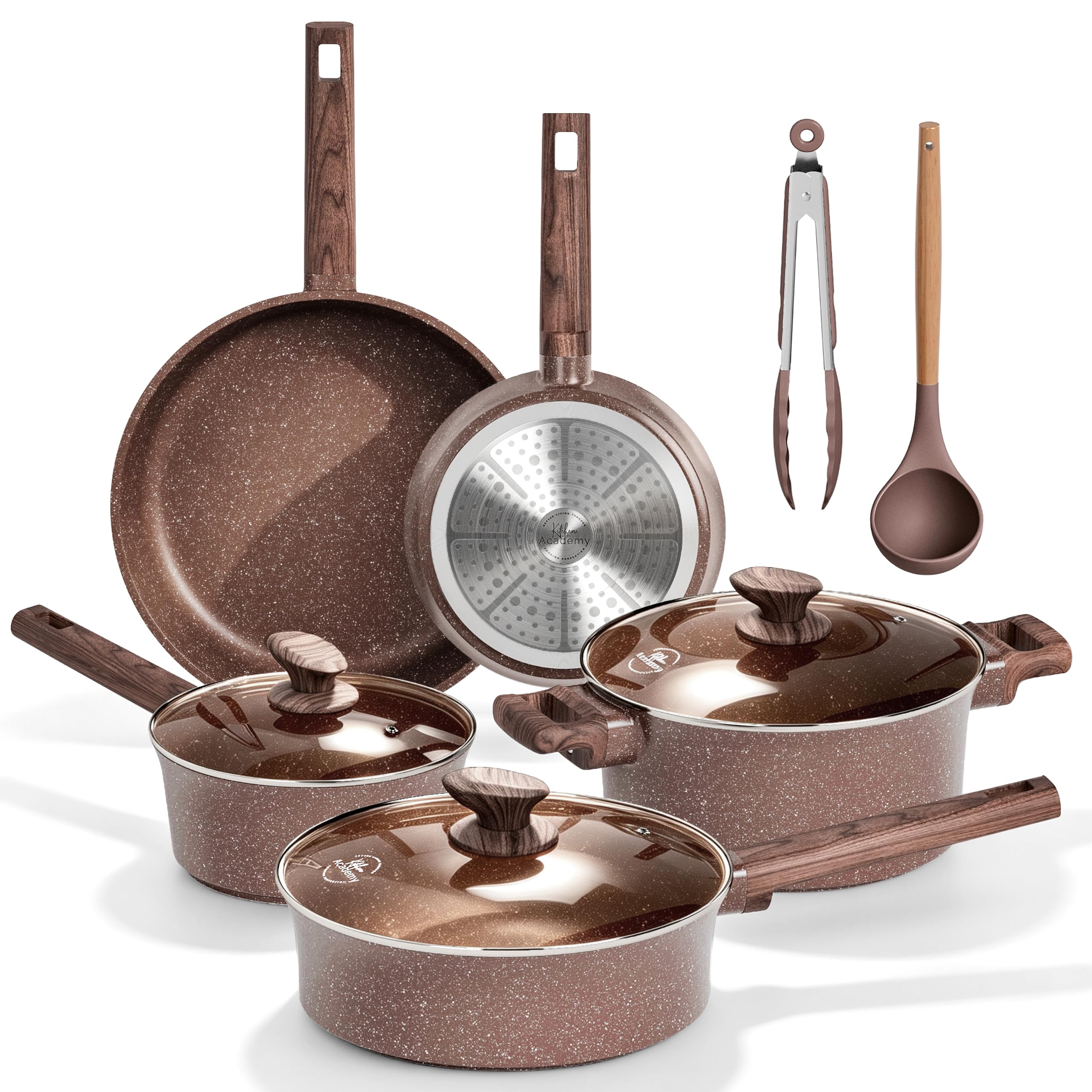 Kitchen Academy 10Pcs Induction Pots & Pans Set Non Stick, Brown | Nonstick Cookware Set, Healthy Non Toxic Cooking Pans and Pots, Easy to Clean, PFOA&PFAS Free
