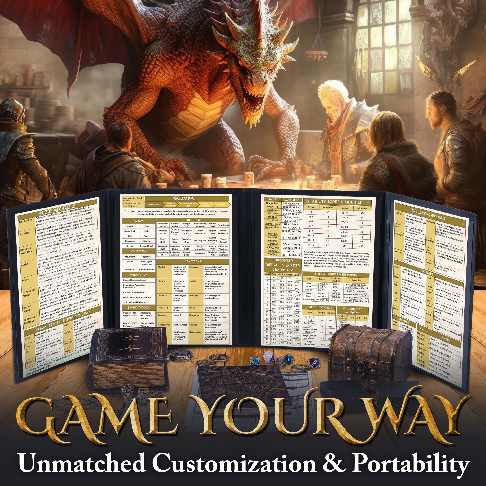 Écran DM pour DND avec 4 panneaux plus larges – Superbe scène de bataille panoramique et poches transparentes Game Master GM – Écran donjon Master en cuir synthétique gaufré 3D pour D&D, RPG (convient
