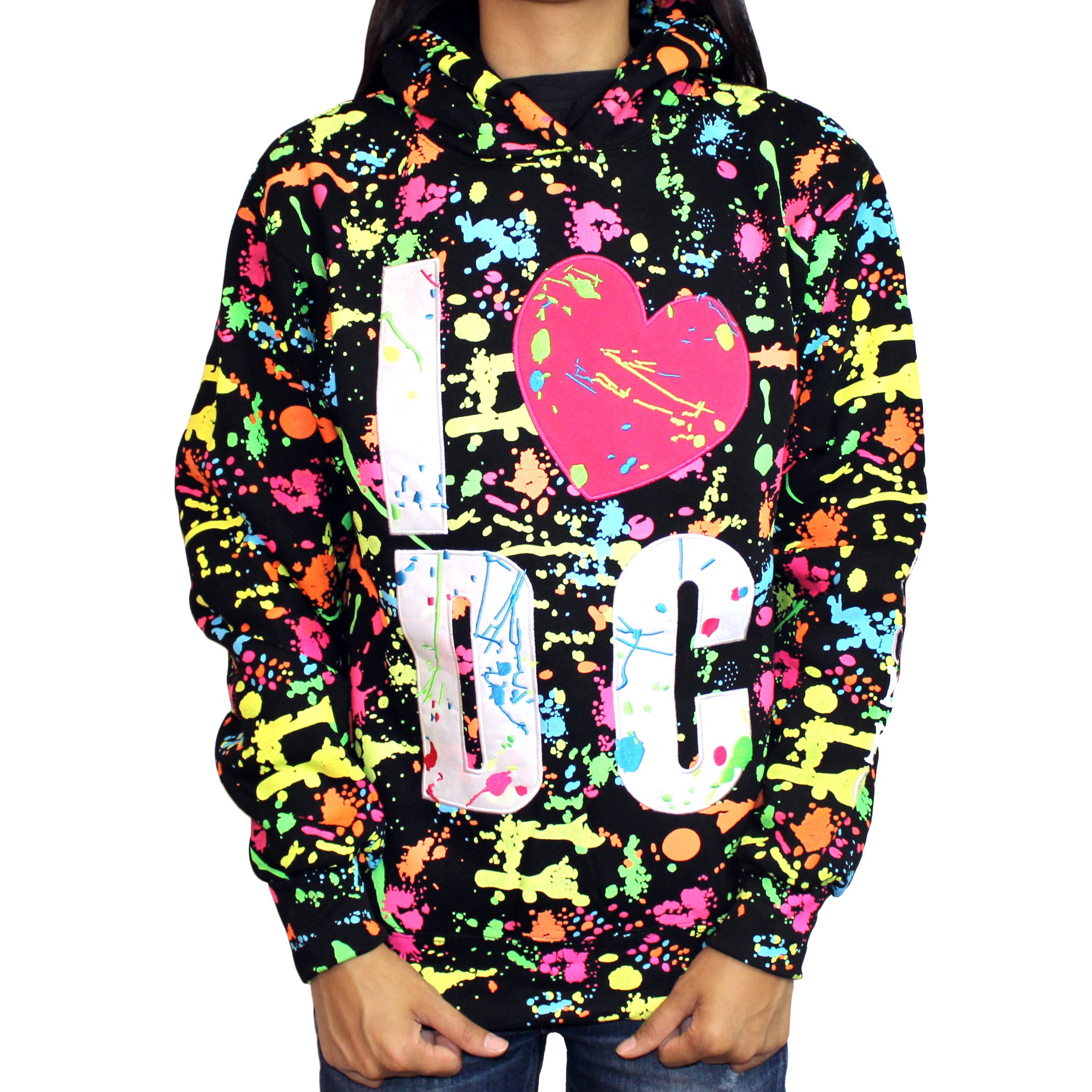 Washington DC "I Love DC" Non-Zip Hoodie Small Printed Paint Splatter Black Apparel