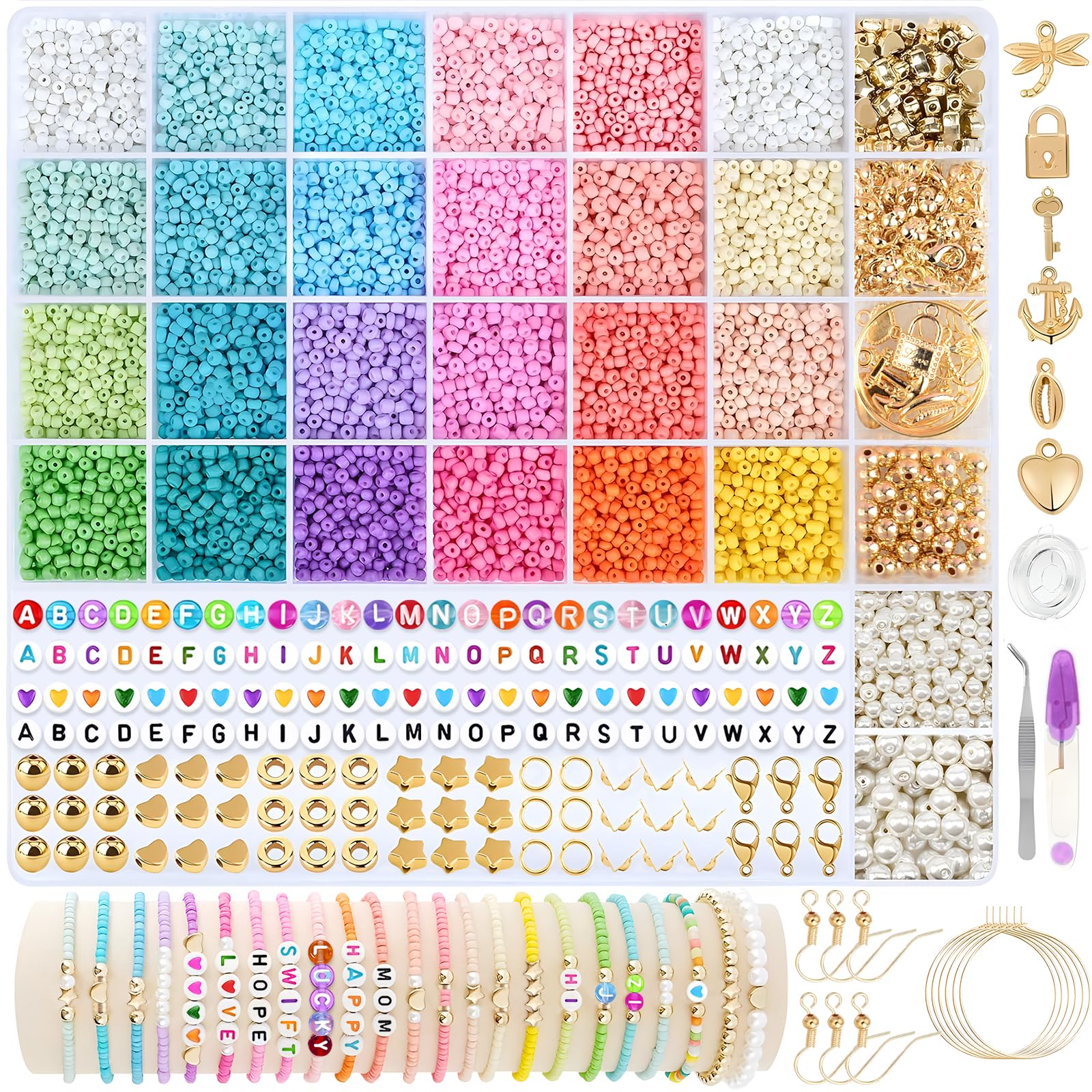 Kit Fabrication Bijoux 5000 Perles - Perles Verre Alphabet Lettres - Cadeau Créatif
