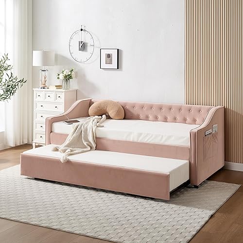 Full Size Twin Bed with Trundle, Upholstered Wood Daybed with Charging and Side Pockets, Velvet Sofa Bed, Day Bed Pop Up Trundle Bed Twin for Living Room, Guest Room and Bedroom(Pink)
