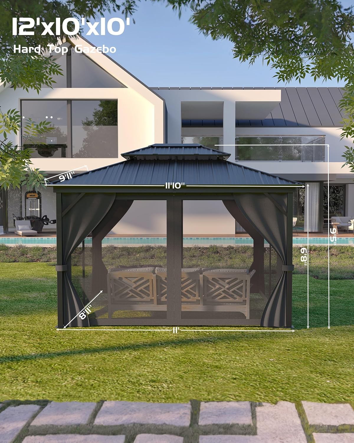 10x12 FT Hardtop Gazebo with Double Metal Roof, Aluminum Frame Permanent Pavilion with Curtains and Netting, Outdoor Gazebo for Patio Backyard Lawns