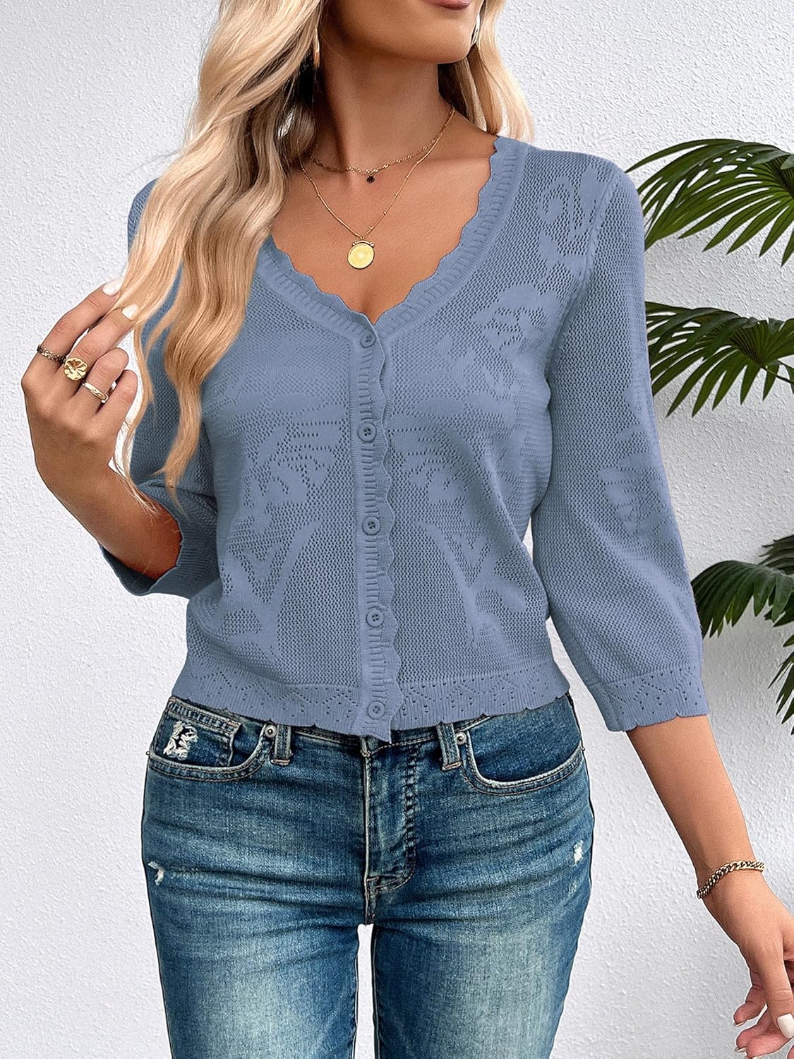 Kate Kasin Women's Cropped Cardigan Sweaters Trendy Lightweight 3/4 Sleeve Button Down Crochet Textured Shrugs Top - Image 3