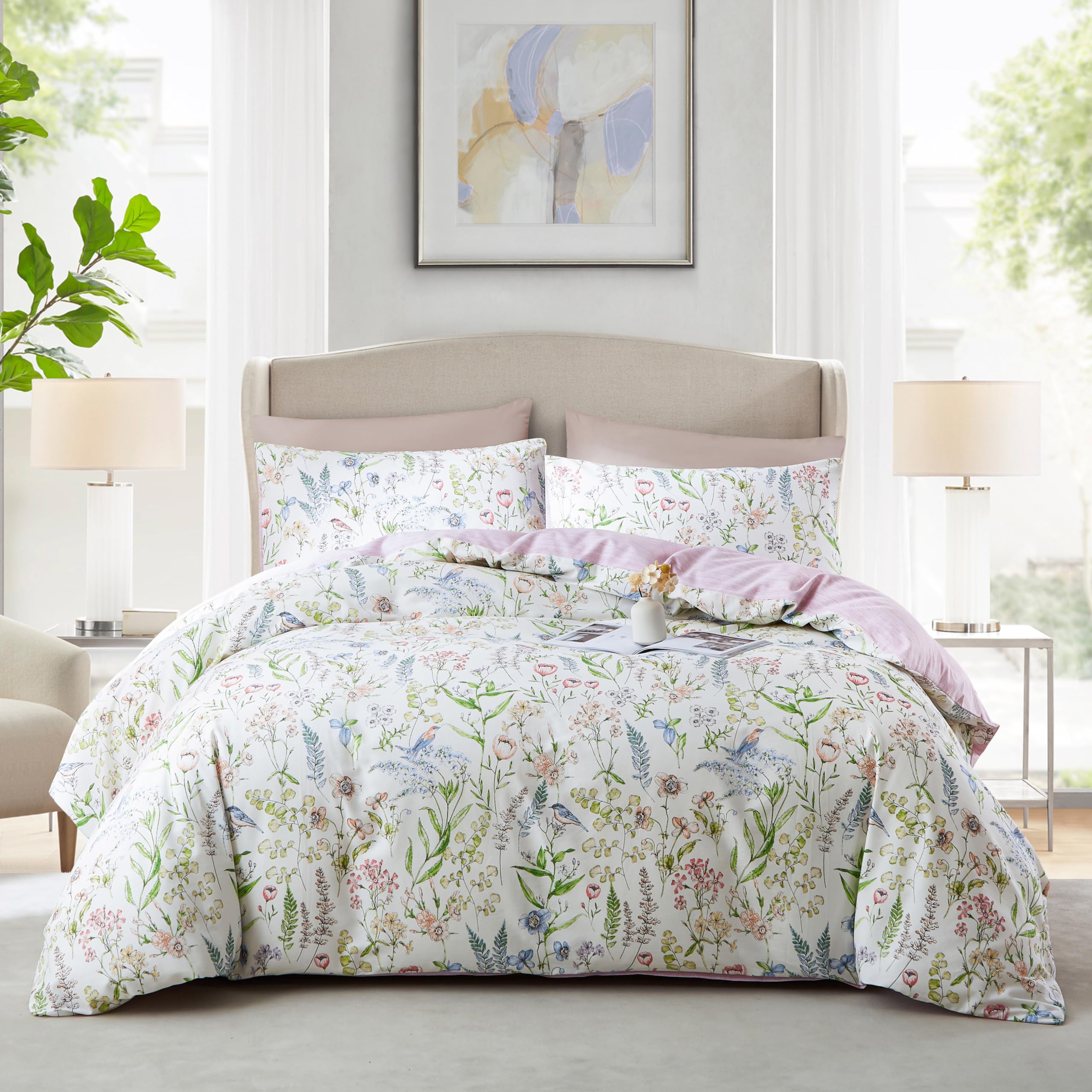 USTIDE Pink Blossom Duvet Cover Set 3 Pieces Cotton Reversible Girls Bedding Set Double Size