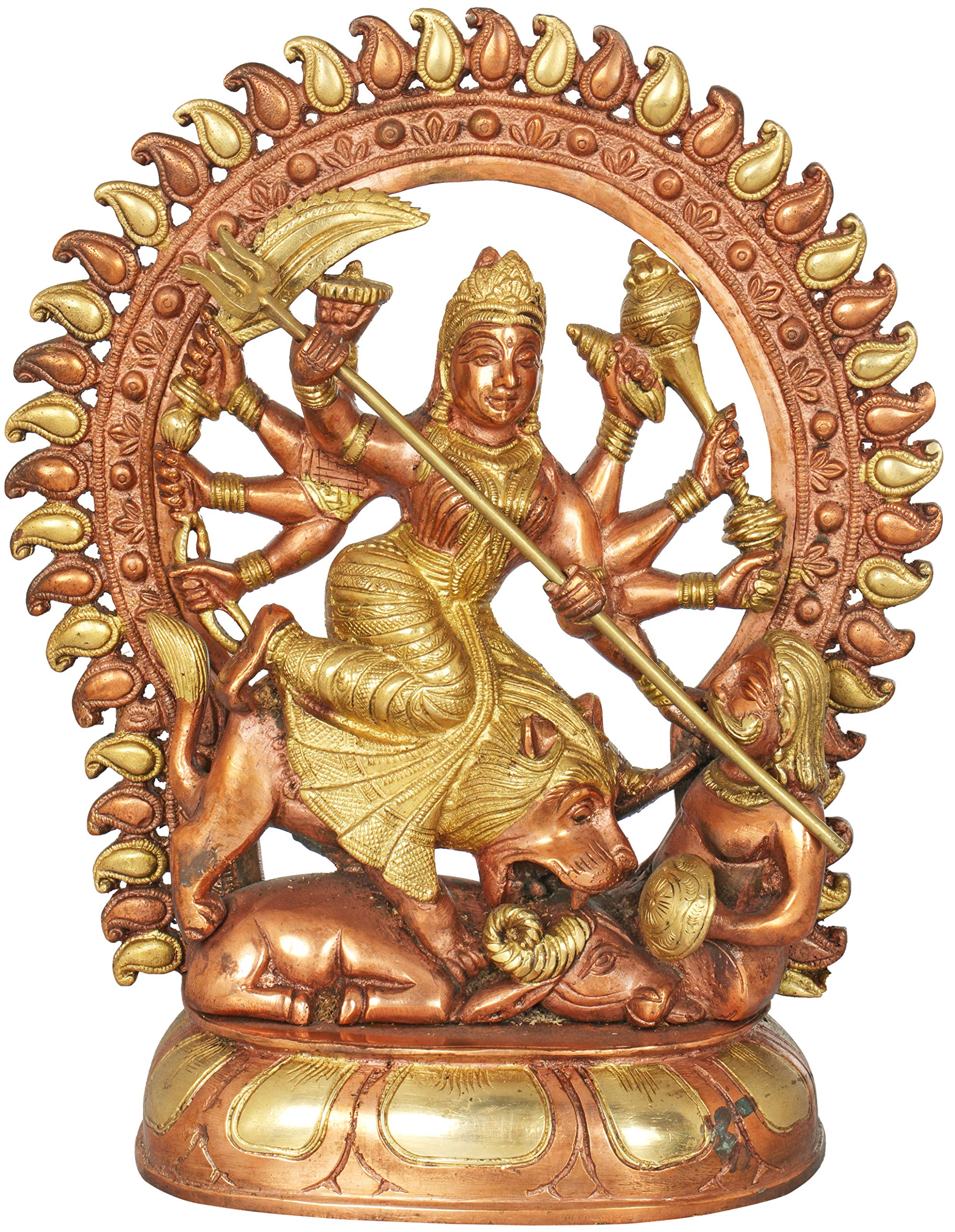 Aone India Brass Mahishasura Mardini Goddess Durga Idol (12 Inches, Multicolour)