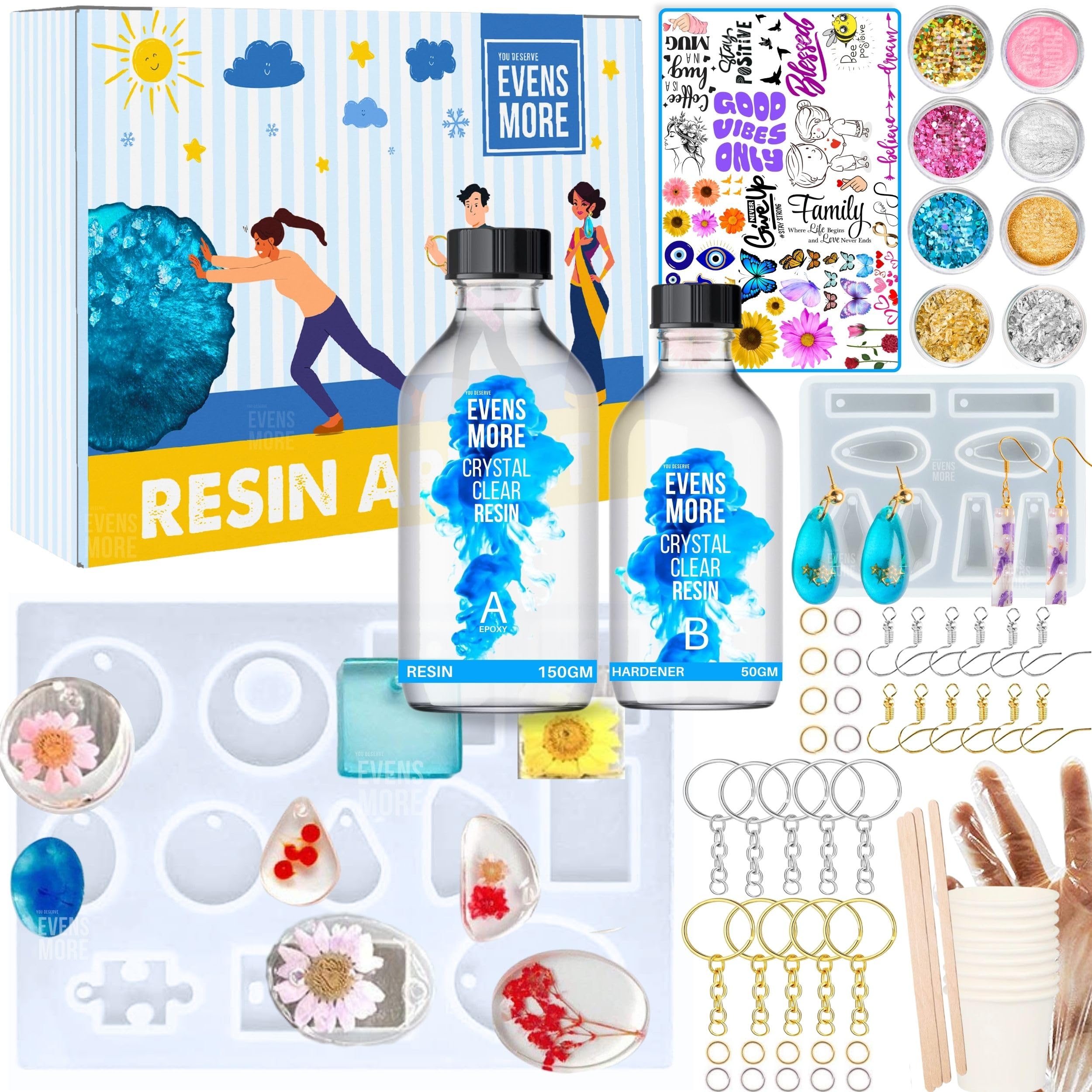 EVENS MORE DIY Resin jewellary Pendant & Keychain Making Kit 200g Crystal Clear Resin Set with Molds, Glitter, Foil Flakes & Accessories for Earrings, Pendants & Keychains