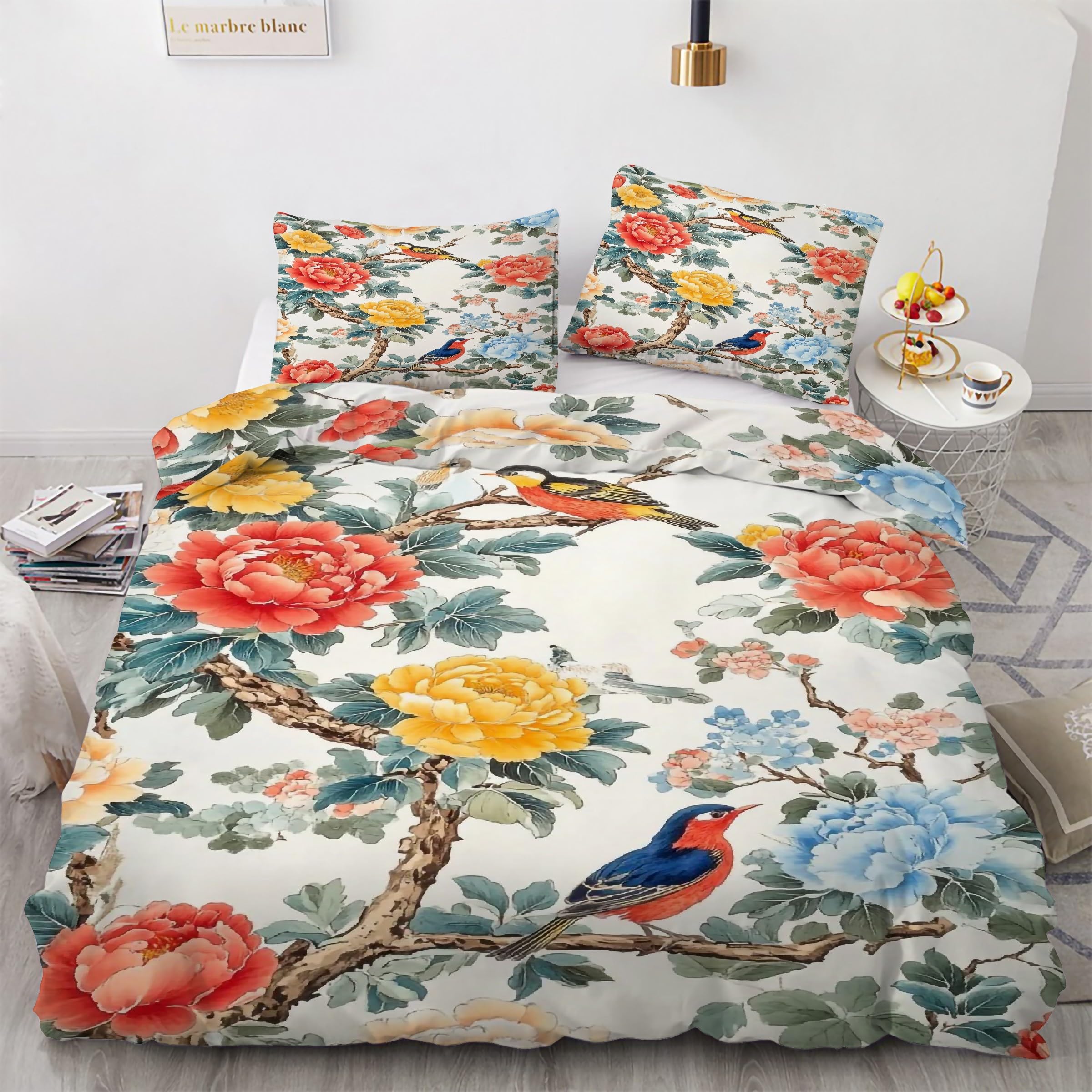 Ensemble de Literie 3 Pièces en Microfibre Douce Motif Pivoine
