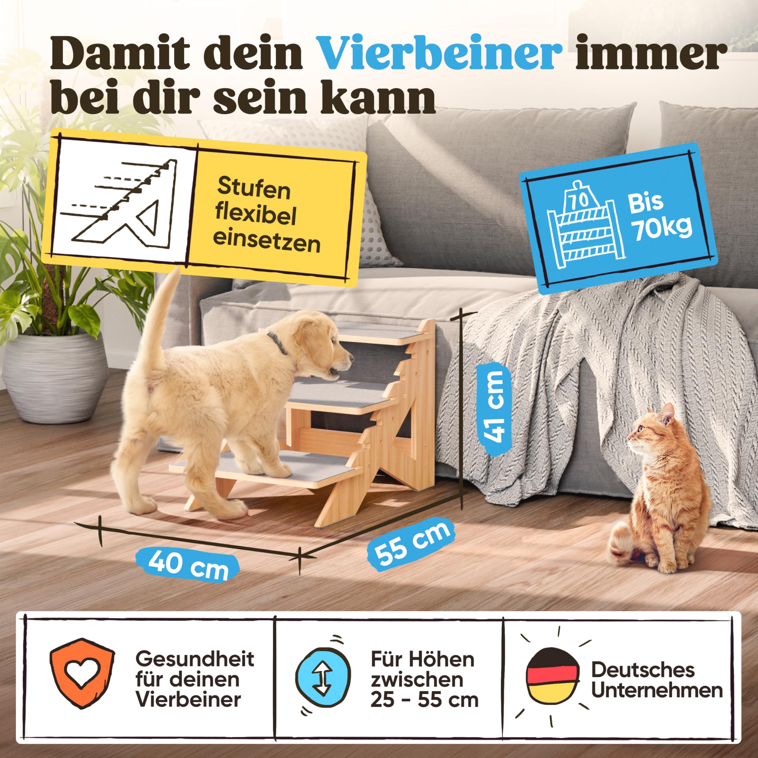 AMAZINGs Haustiertreppe für kleine, mittlere und schwere Hunde, Junge und alte Katzen. Flexibel einstellbar | Hundetreppe, Katzentreppe | 40 cm hoch, für Höhen von 25-55 cm, für Sofa, Couch, Bett