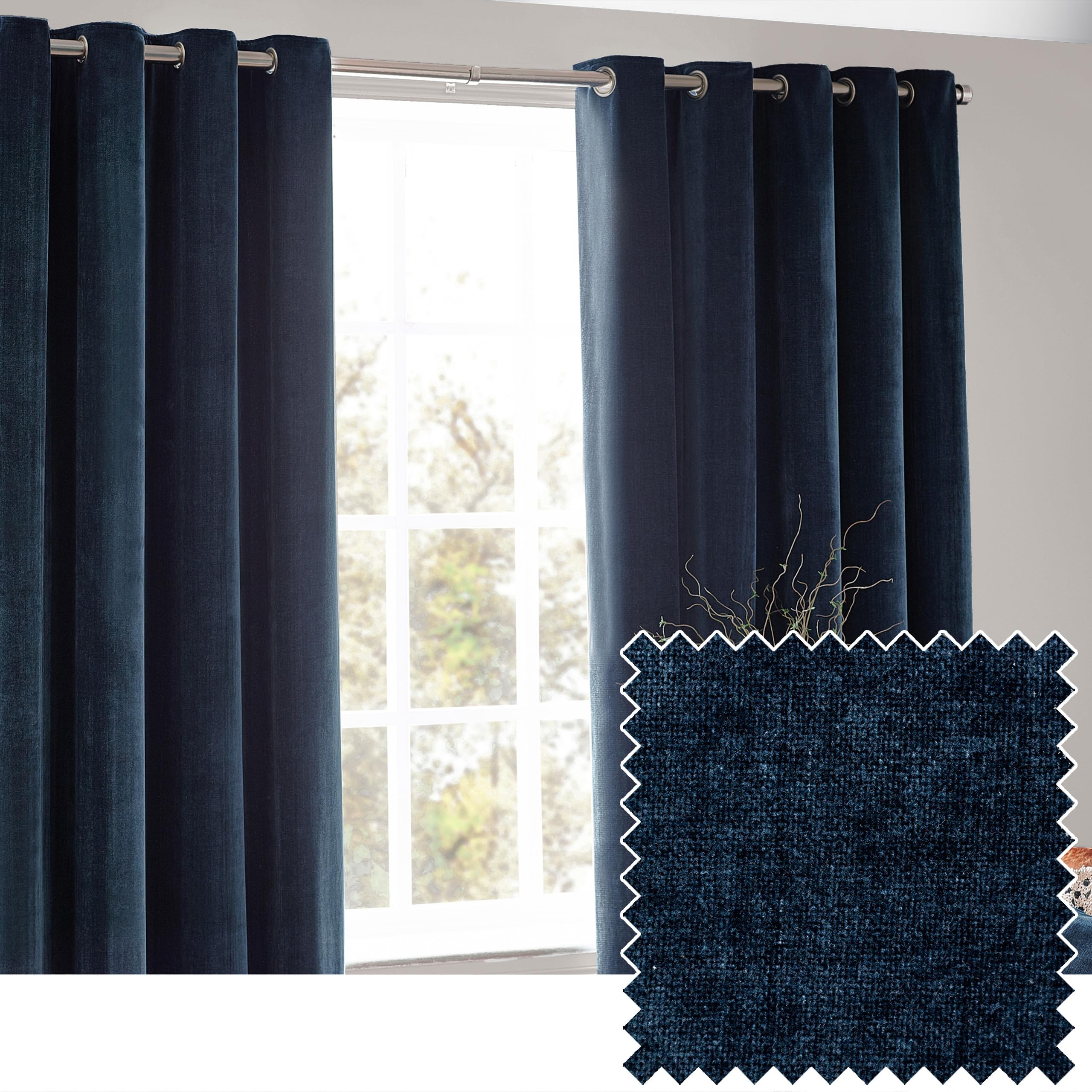 Yard Heavy Chenille Eyelet Curtain Pair – Lined Room Darkening, Soft Velvet Home Décor (Navy - Width 168 x Drop 183cm)