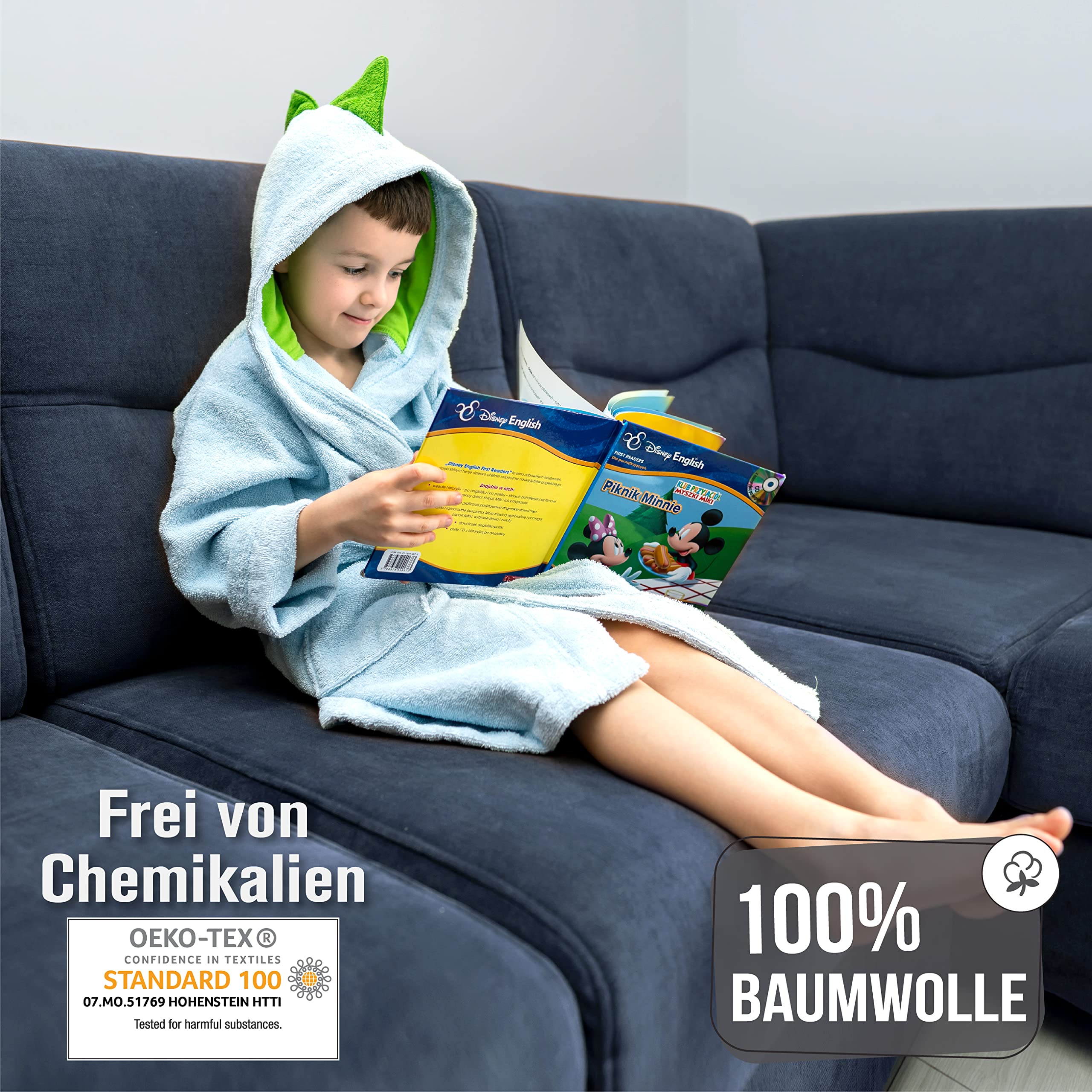 Twinzen Kinderbademantel Dinosaurier Junge und Mädchen - 100% Baumwolle OEKO-TEX®