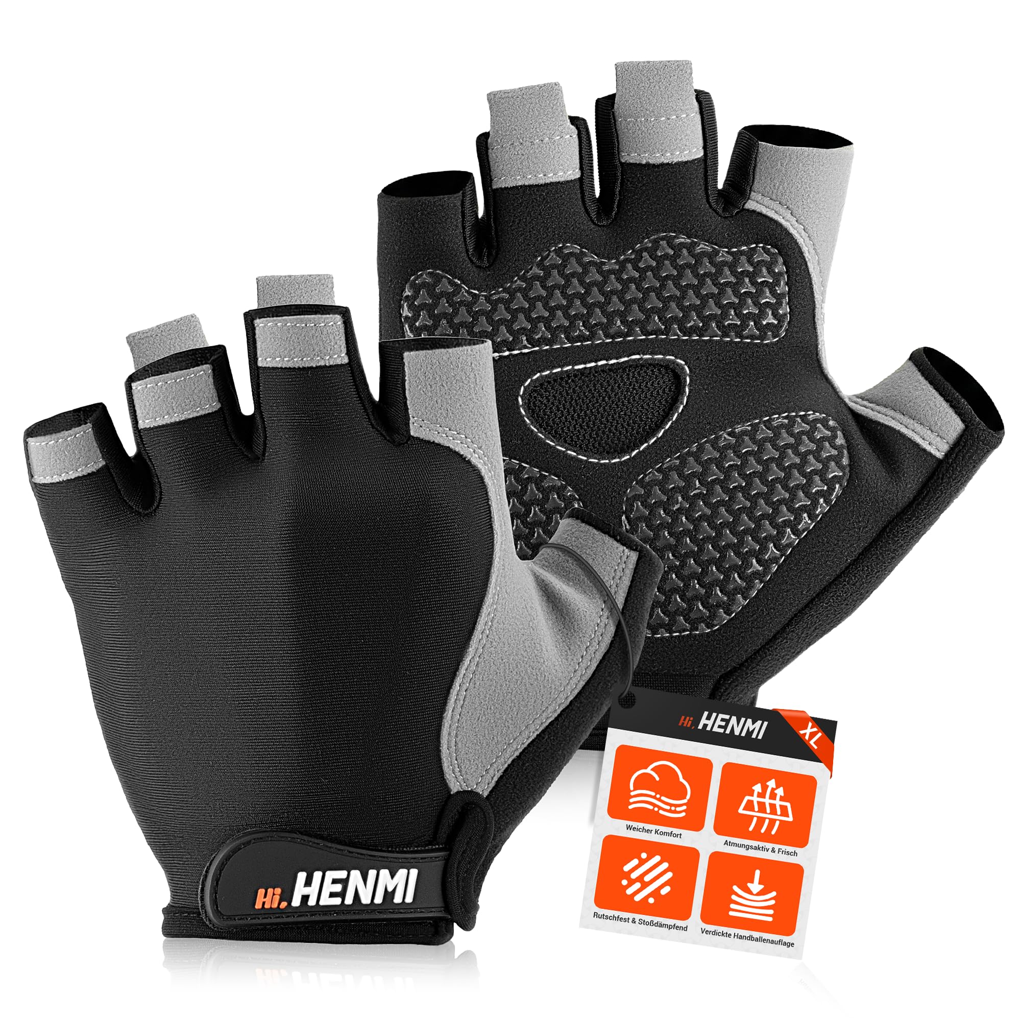 HENMI Fahrradhandschuhe Halbfinger Herren Damen | Atmungsaktiv MTB Handschuhe Radsporthandschuhe mit Polsterung Rutschfestem Grip für Radfahren, Fitness, Outdoor Sportarten