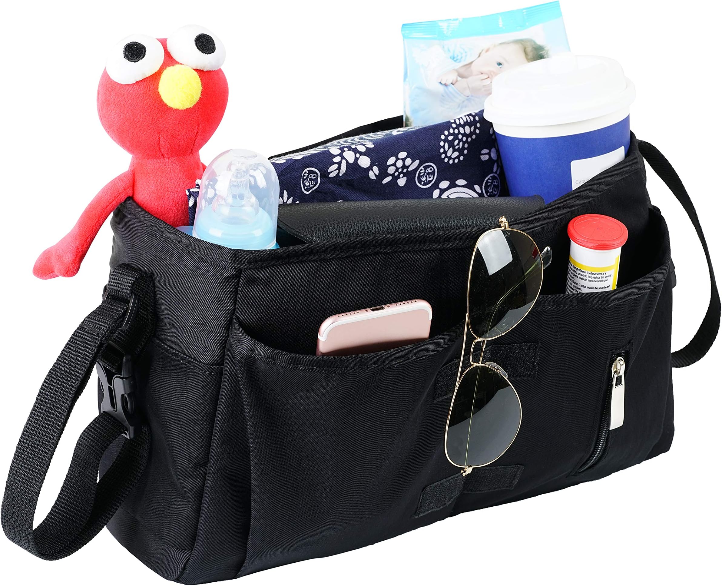 JYSW Baby Stroller Organizer, Baby Stroller Caddy with Multiple Pockets and Shoulder Strap Fits for Universal Stroller to Storage Phones, Wallets, Toys, Diapers and Tissue (Black)