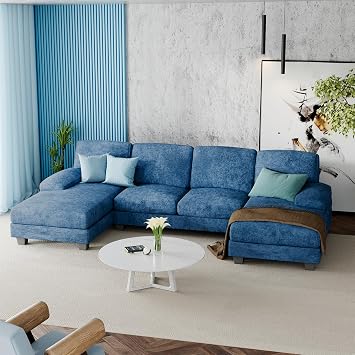 Furniwell Convertible Sectional Sofa Couch, 4 Seat Sofa Set for Living Room U-Shaped Modern Fabric Modular Sofa Sleeper with Double Chaise & Memory Foam Fabric, Blue