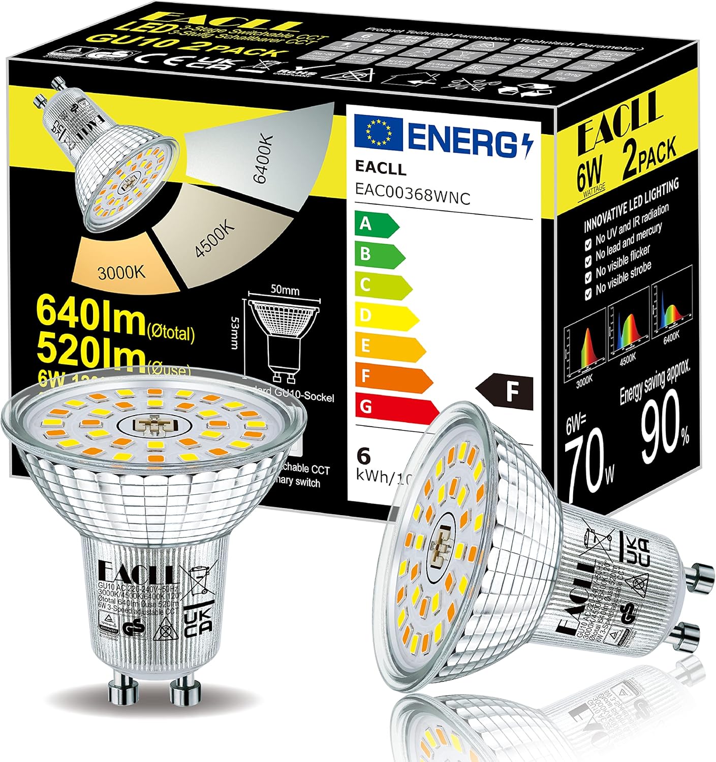 EACLL GU10 LED Warmweiss 6W 3-Stufen Dimmbar über Gewöhnliche