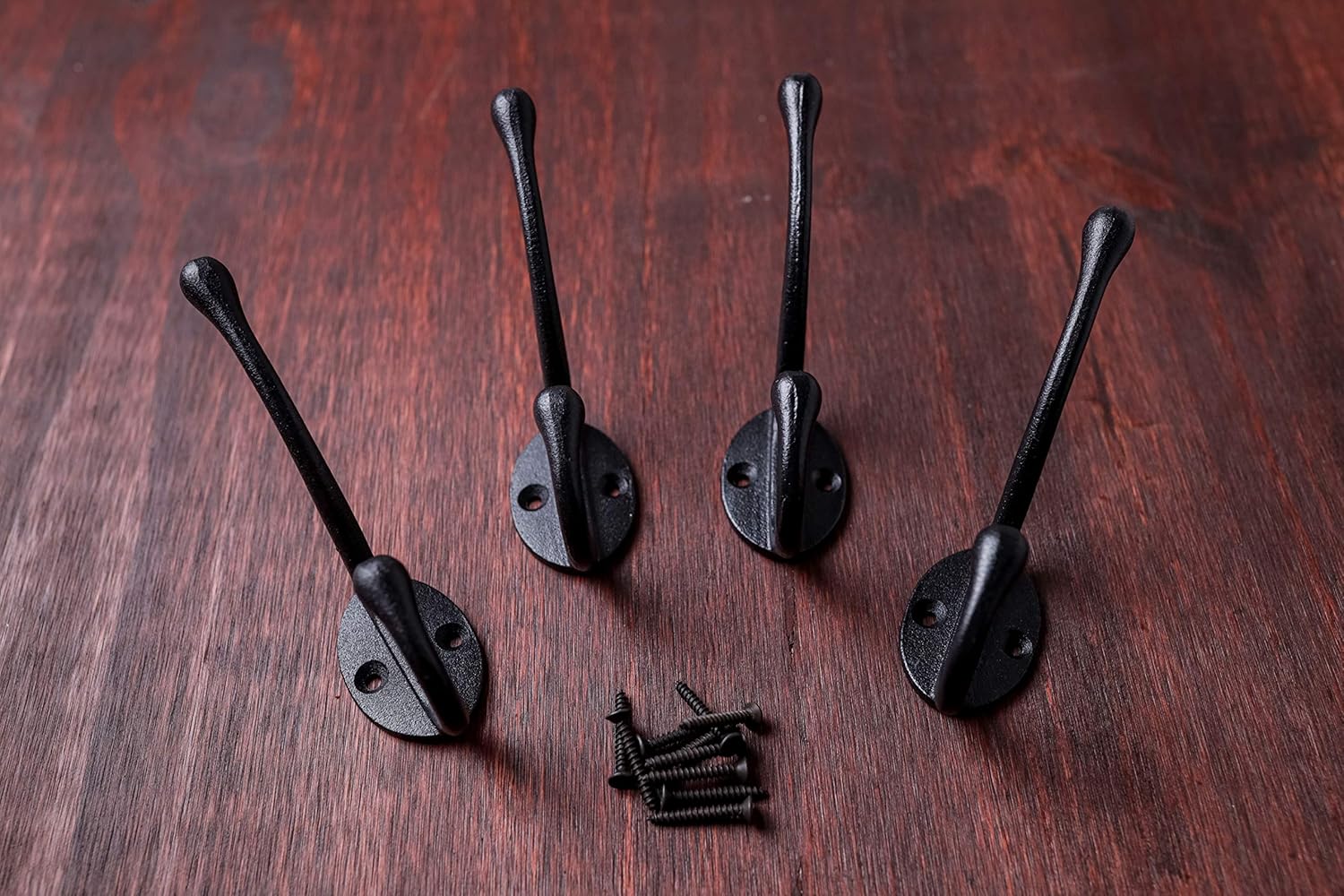 Craftsman Road Vintage Cast Iron Wall Hooks (Black Texture Finish, Set of 4) - Rustic, Farmhouse Coat Hooks | Great for Coats, Bags, Towels, Hats | Classic Slender