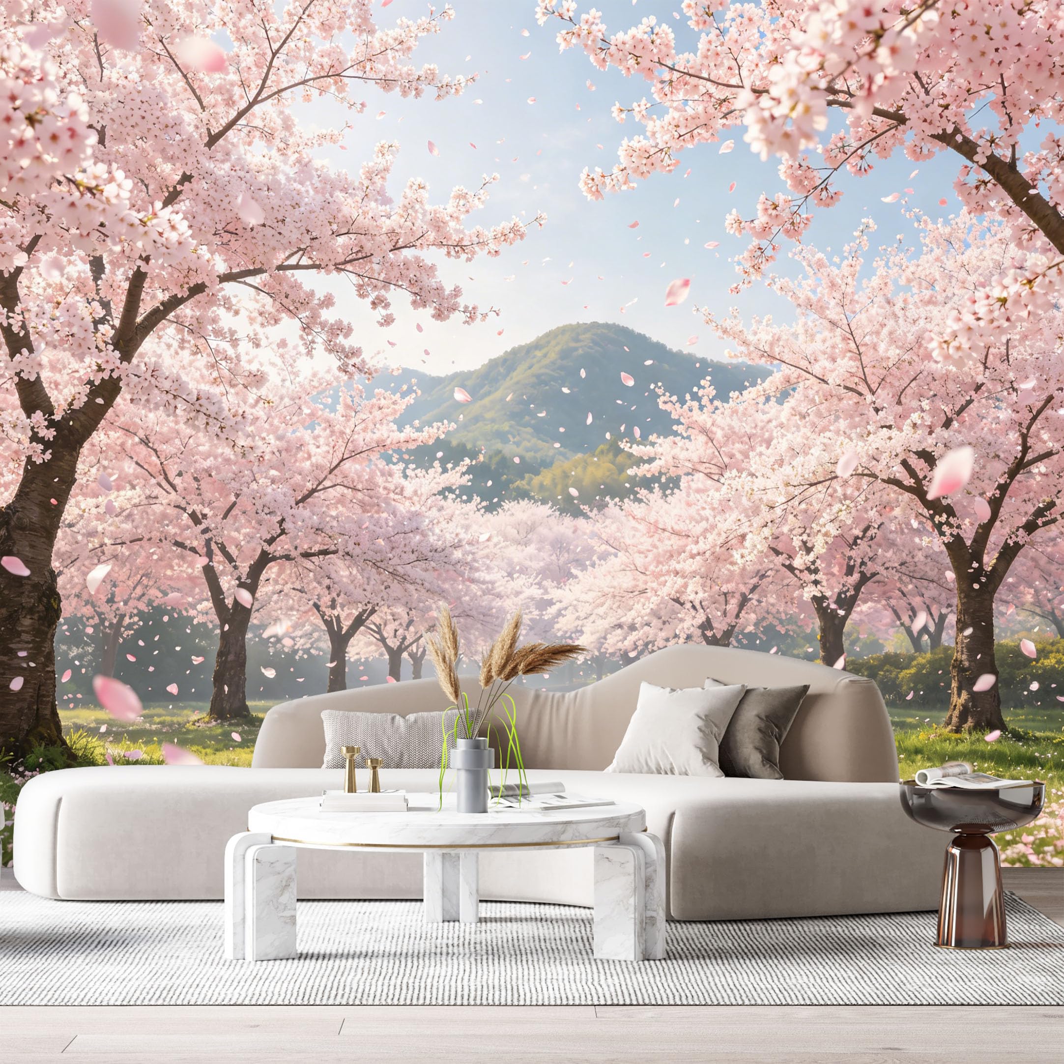 Custom Size Wall Murals Spring Cherry Blossom Landscape Watercolor Blooming Trees Mountain View SelfAdhesive Wall Fabric Removable Large Wallpaper for Photo Living Room