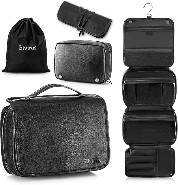 Elviros Suspension de sac de toilette Organisateur de voyage, PU Cuir 3-in-1 organisateur de voyage avec compartiments séparés pour les articles de toilette, et accessoires de toilettage.