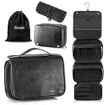 Elviros Hanging Toiletry Bag Removable Travel Bag PU leather Makeup Cosmetic Organizer Kit, Black