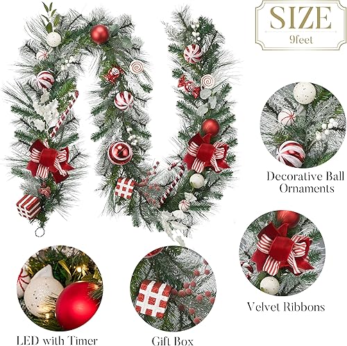 Miniatura 6 de Valery Madelyn Guirnalda de Navidad preiluminada de 9 pies con luces para manto, guirnalda de Navidad iluminada al aire libre con bolas rojas y