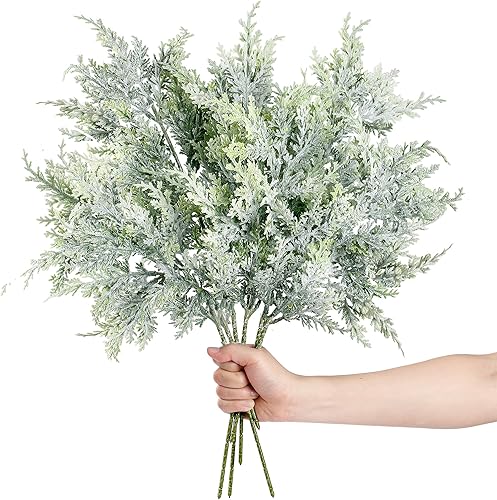 Sggvecsy Paquete de 10 ramas de pino artificiales nevadas esmeriladas de cedro sintético de 19 pulgadas de largo, tallos de cedro de Navidad para