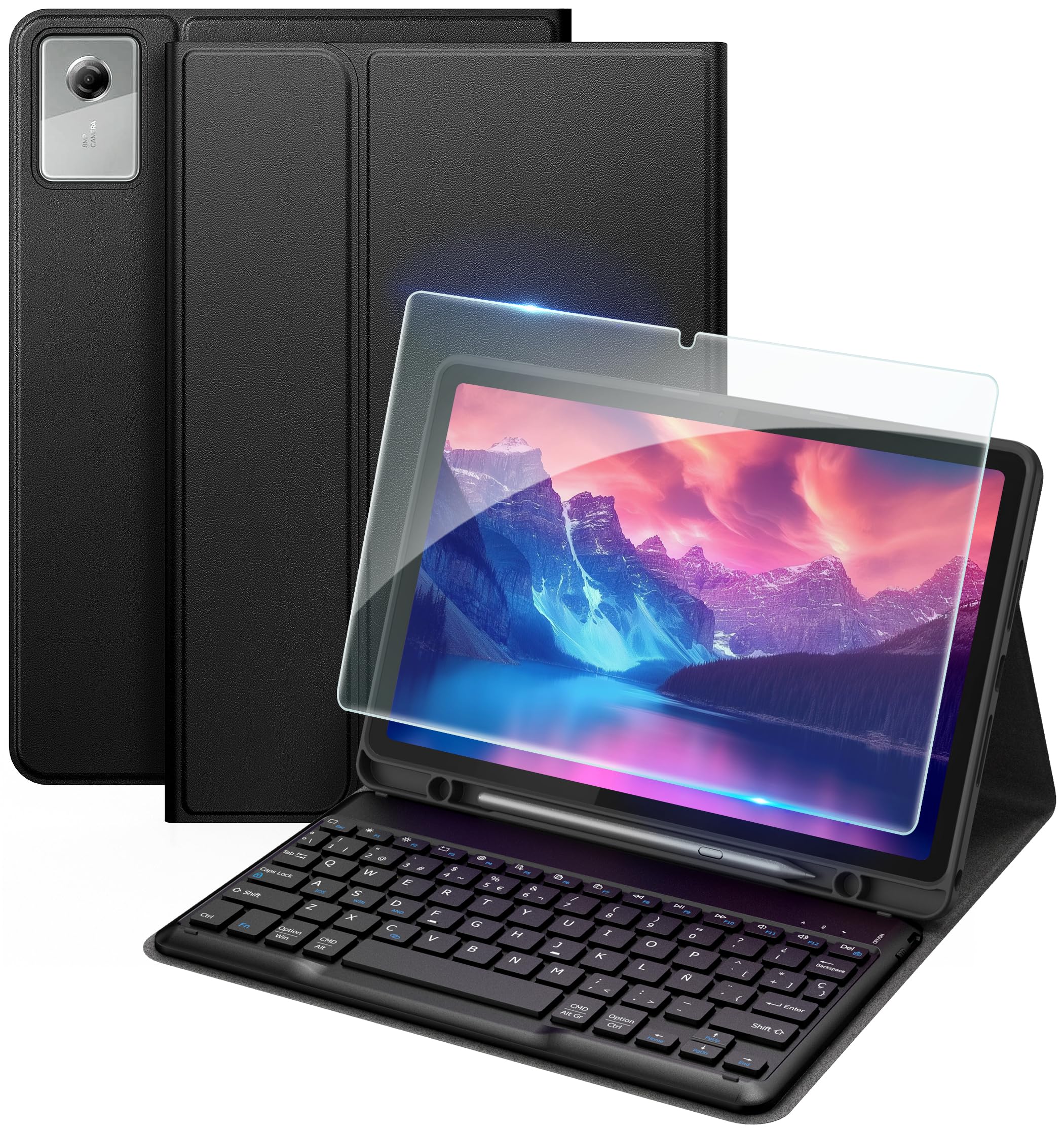 EasyAcc Funda con Teclado para Lenovo Idea Tab 11 Pulgadas Tablet 2025 (TB-336ZU/TB-336FU) con Película Protectora, Funda Protectora para Lenovo Idea Tab 11" Teclado Extraíble con Portalápices, Negro