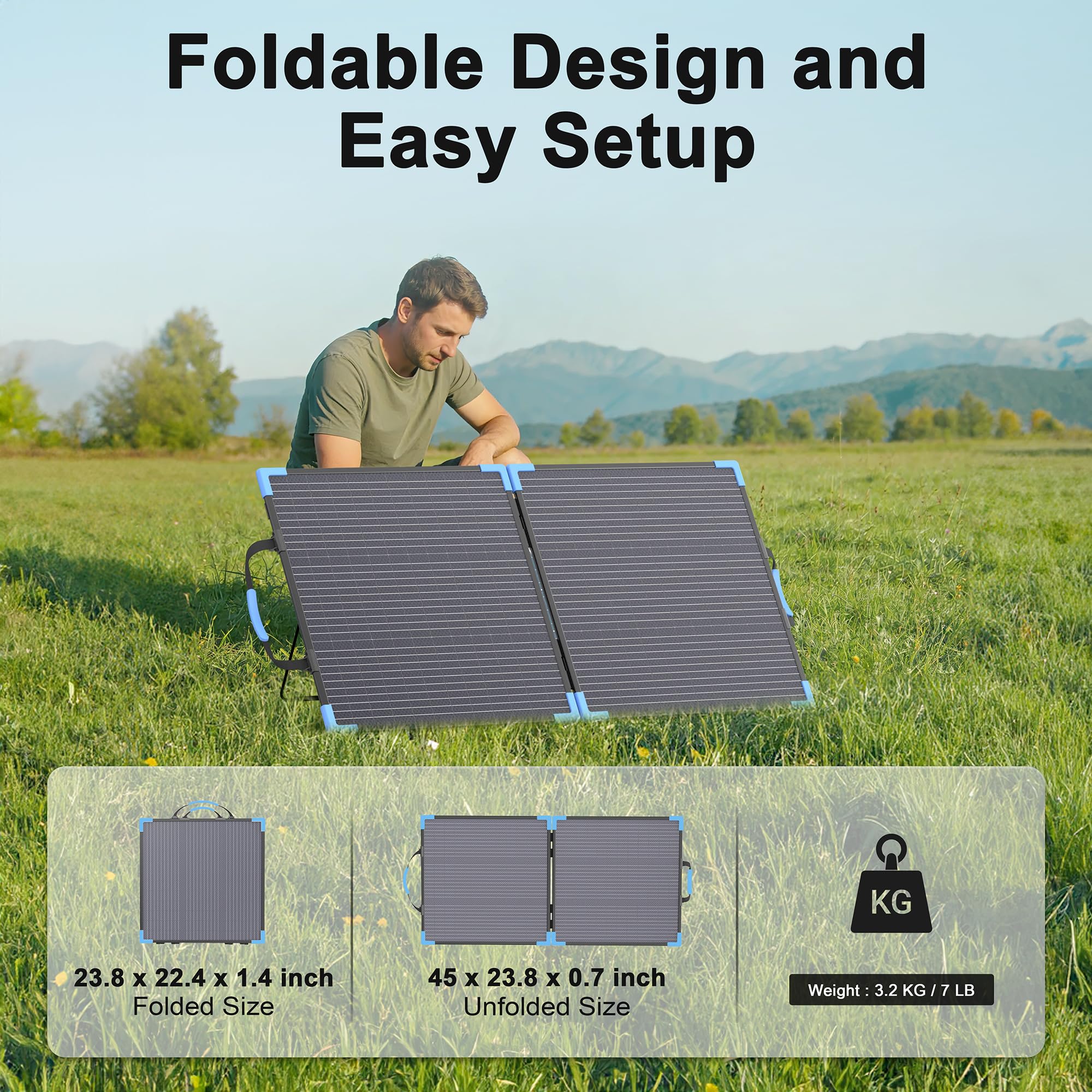 Panel solar bifacial plegable de 110 W, 25% de eficiencia, IP68 resistente al agua, panel solar monocristalino portátil de 20 V con cable de salida MC4 y soporte reforzado para estación de potencia