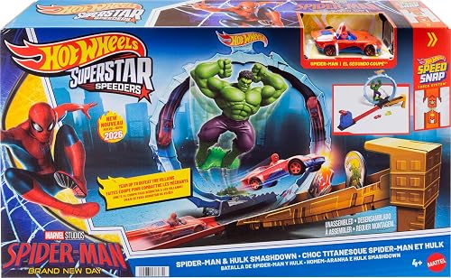 Hot Wheels Toy Car Track Set, Spider-Man & Hulk Smash Down Playset with 1 Die-Cast Superstar Speeders Vehicle, Race Through a Loop to Defeat Villains, JMR29 - 6