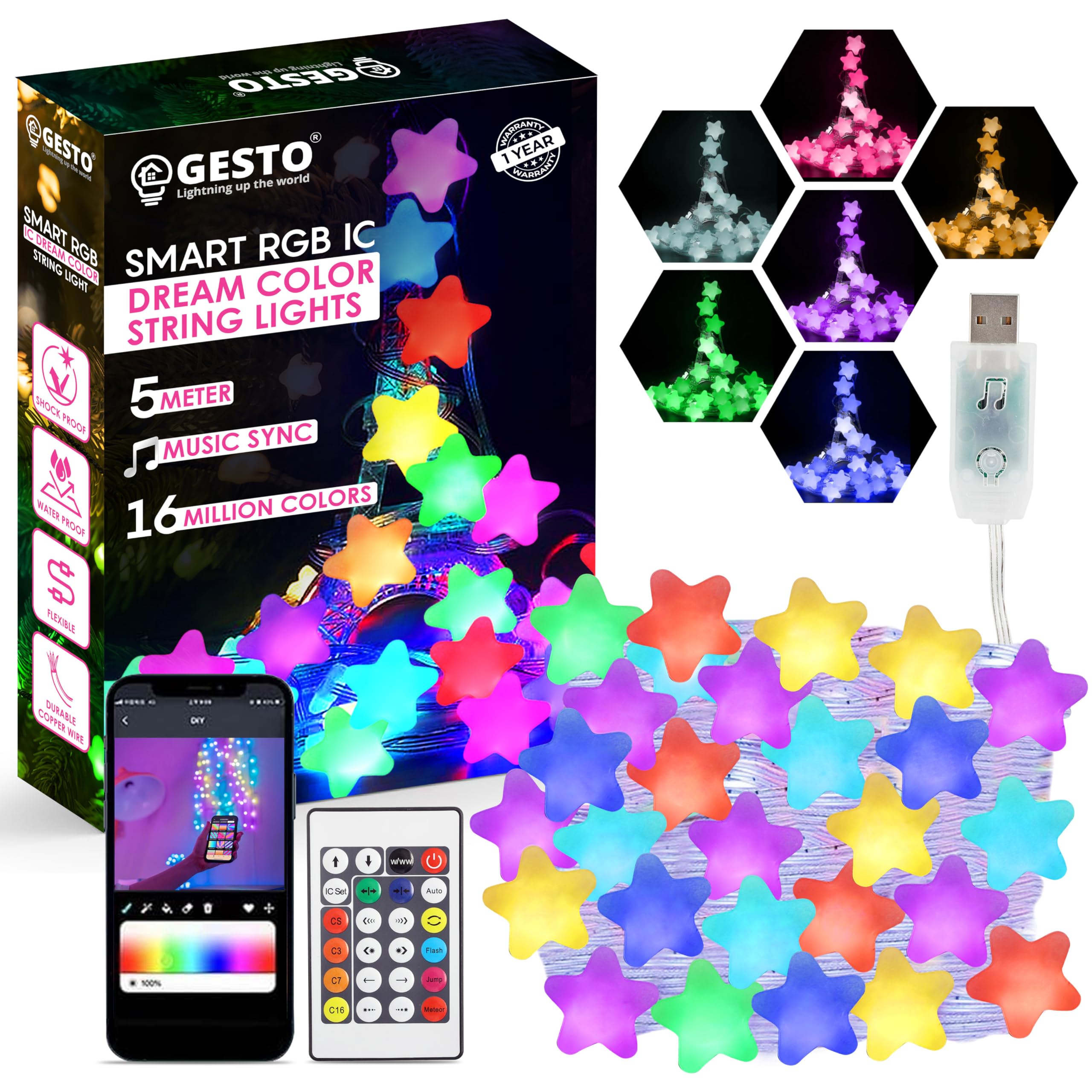 Gesto 5V Star Shape Serial String Lights,USB Smart Music Sync Led Lights with Remote & App Control,RGB Color Changing Fairy Lights for Room,Home Decor,Diwali (5 Meter,33 Led),Multicolor