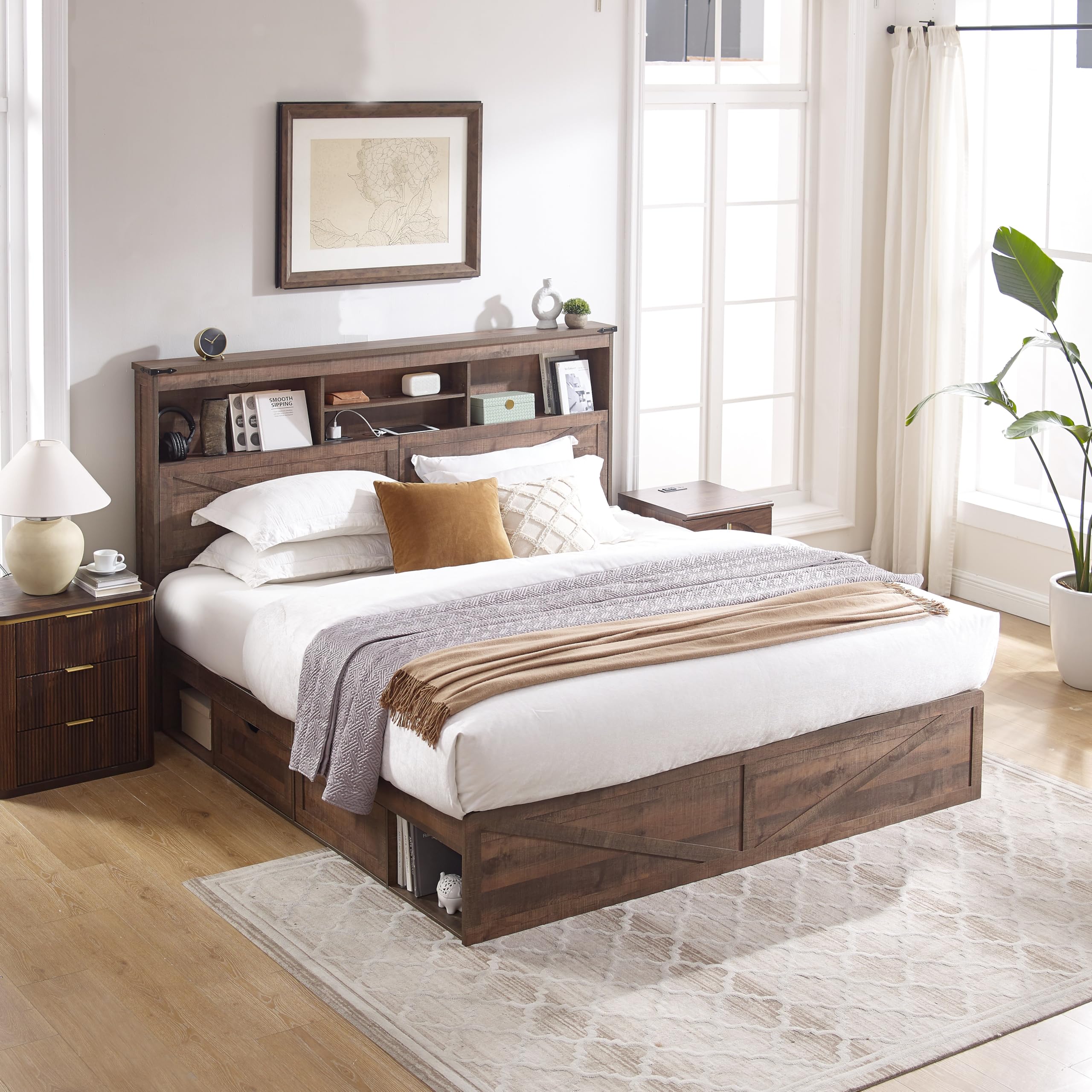 ACCOHOHO Farmhouse King Size Bed Frame with 52" High Storage Bookcase Headboard and 4 Drawers,Wooden Bed Frame with LED Light and Charging Station,