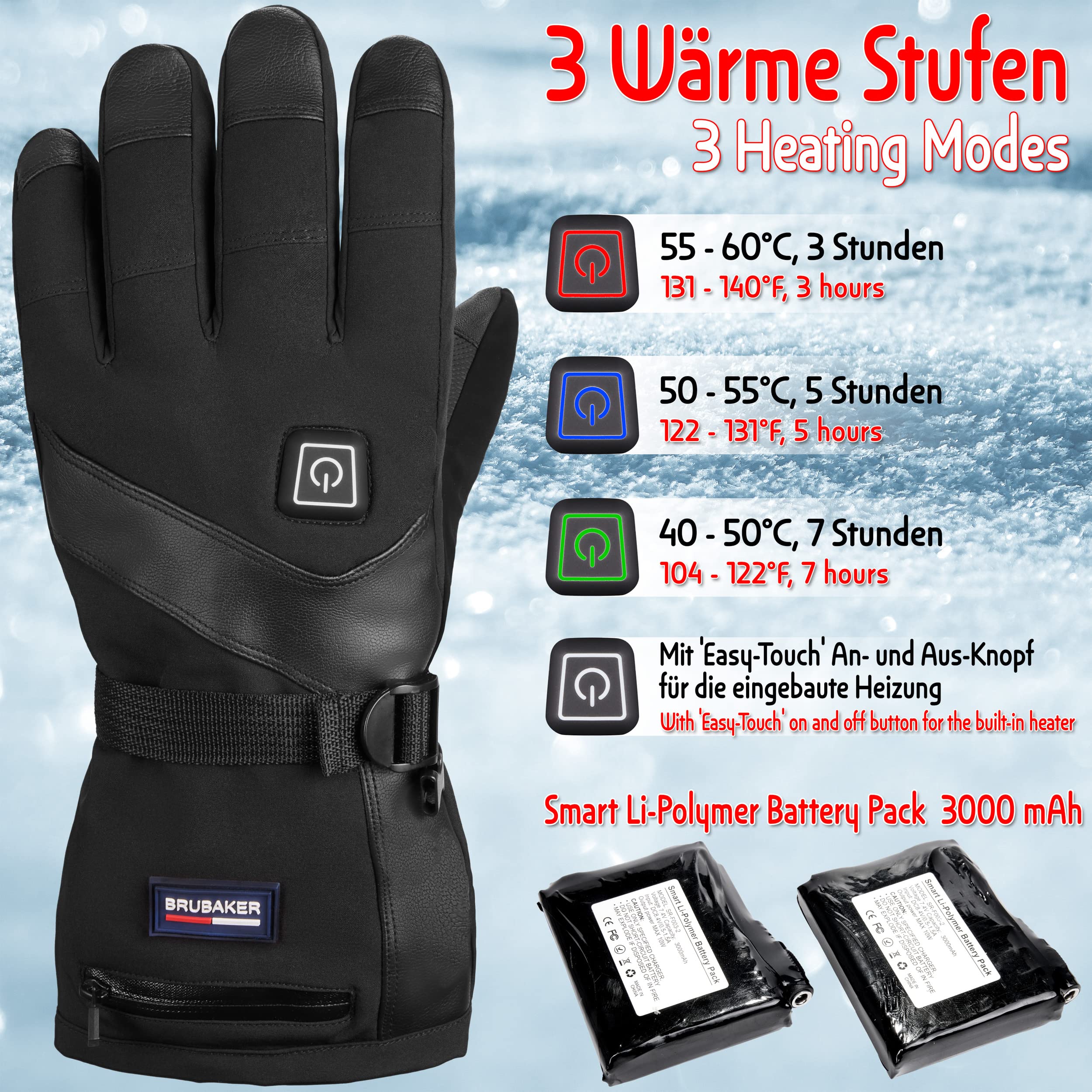 BRUBAKER Beheizbare Skihandschuhe mit Akku - wasserdichte und Winddichte Winterhandschuhe für Herren und Damen - 3 Stufen Temperaturregler Heizung