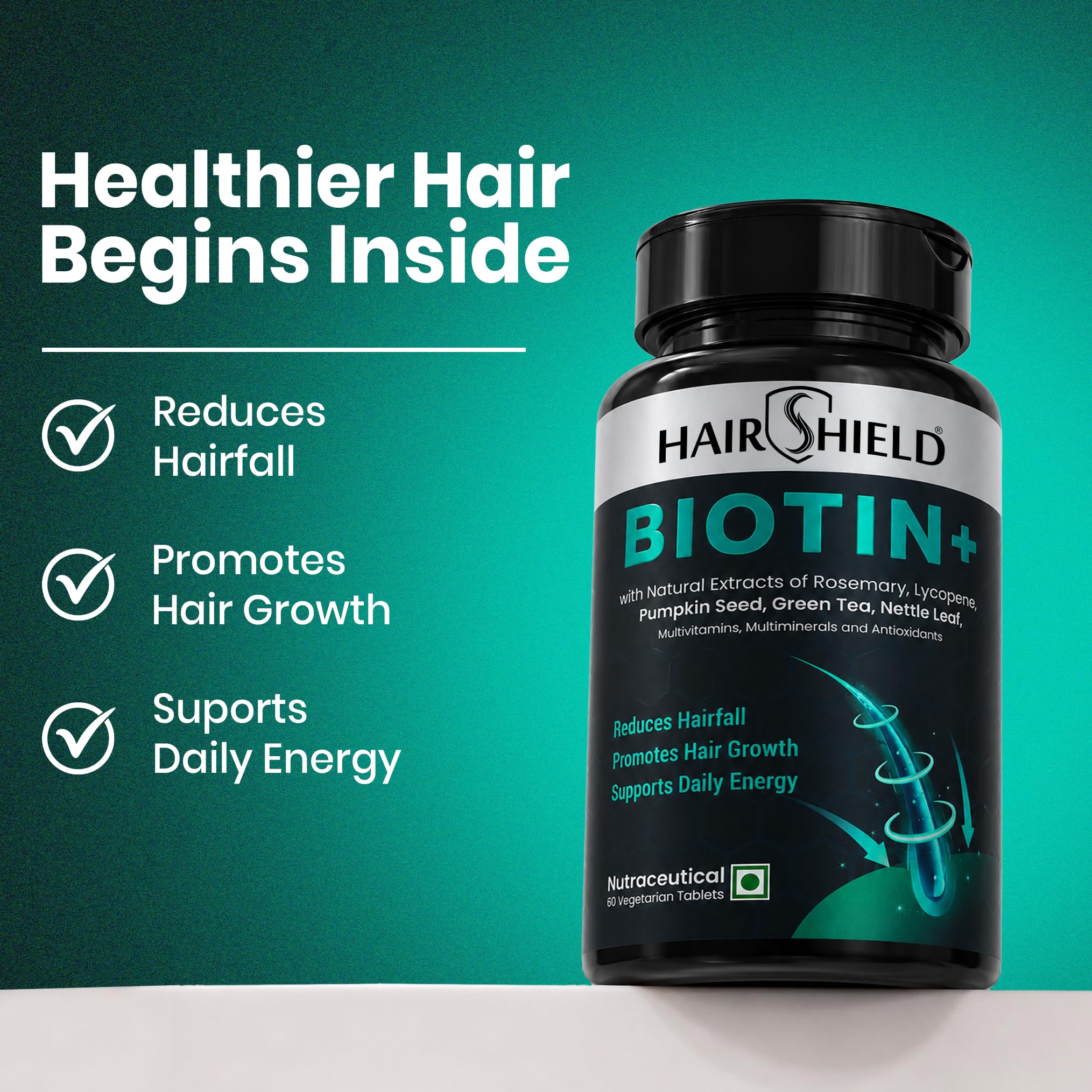 Hairshield Biotin+ Tablets with Rosemary, Green Tea, Lycopene, Pumpkin Seed | 100% RDA Biotin | Reduces Hairfall & Supports Healthy Skin, Hair & Nails | Vegetarian 60 Tablets — Amazon image 3