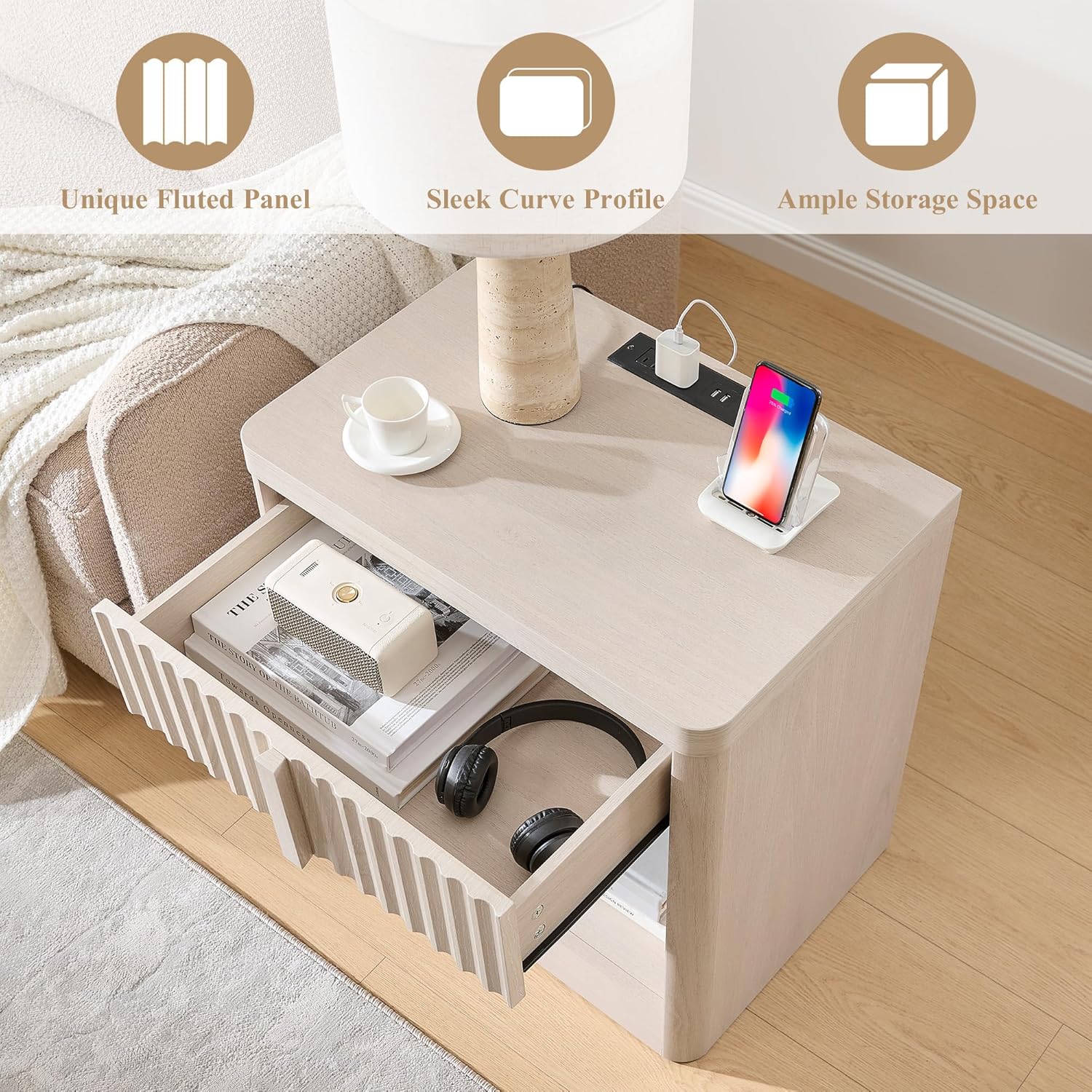 Fluted Nightstand Set of 2 with Charging Station, 23.6" Bedside Table with Open Shelf and Drawers Storage, End Table with Solid Wood Handle, Curved Profile Design, Night Stand for Bedroom, Living room