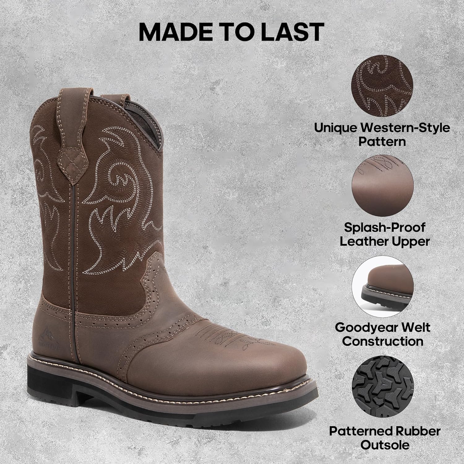 NORTIV 8 Steel Toe Cowboy Boots for Men Western Square Toe Leather Work Boots with Hazard Protection,for Construction Farming Bronco Trailblazer - Image 4