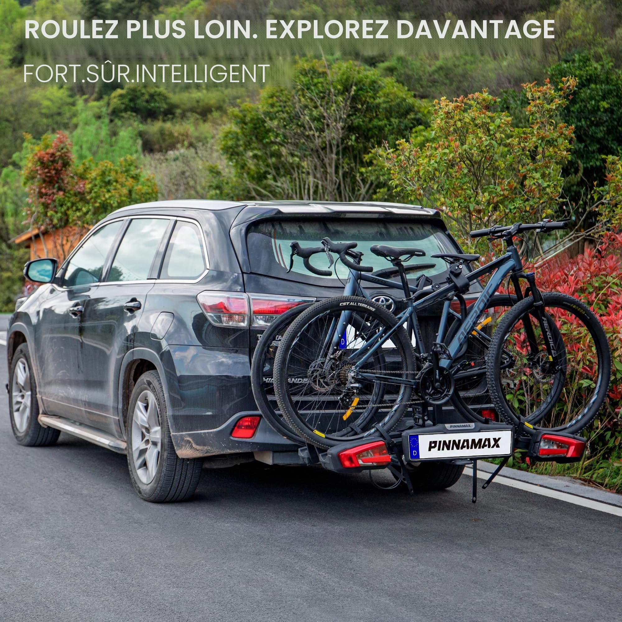 Porte-vélos EBike pour 2 vélos, support arrière pliable et inclinable pour attelage de remorque jusqu'à 60 kg, porte-vélos avec protection antivol, feu arrière et support