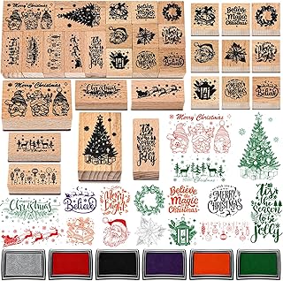 Marspark 22 Pcs Christmas Wooden Rubber Stamps and Craft Ink Pads Set Mi...